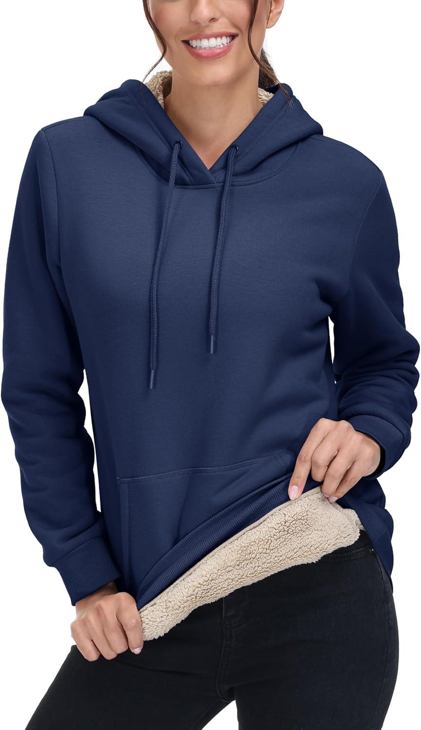 imageMAGCOMSEN Womens Hoodies Thick Fleece Lined Hooded Sweatshirt Warm Sherpa Lined Heavyweight Pullover with PocketNavy