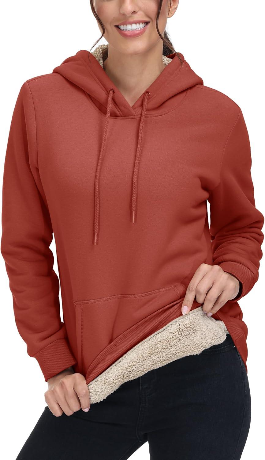 imageMAGCOMSEN Womens Hoodies Thick Fleece Lined Hooded Sweatshirt Warm Sherpa Lined Heavyweight Pullover with PocketOrange Red