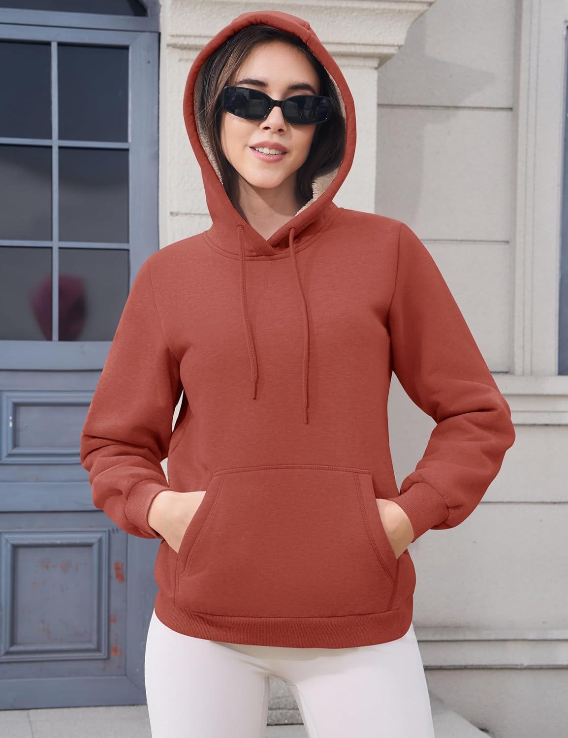 imageMAGCOMSEN Womens Hoodies Thick Fleece Lined Hooded Sweatshirt Warm Sherpa Lined Heavyweight Pullover with PocketOrange Red