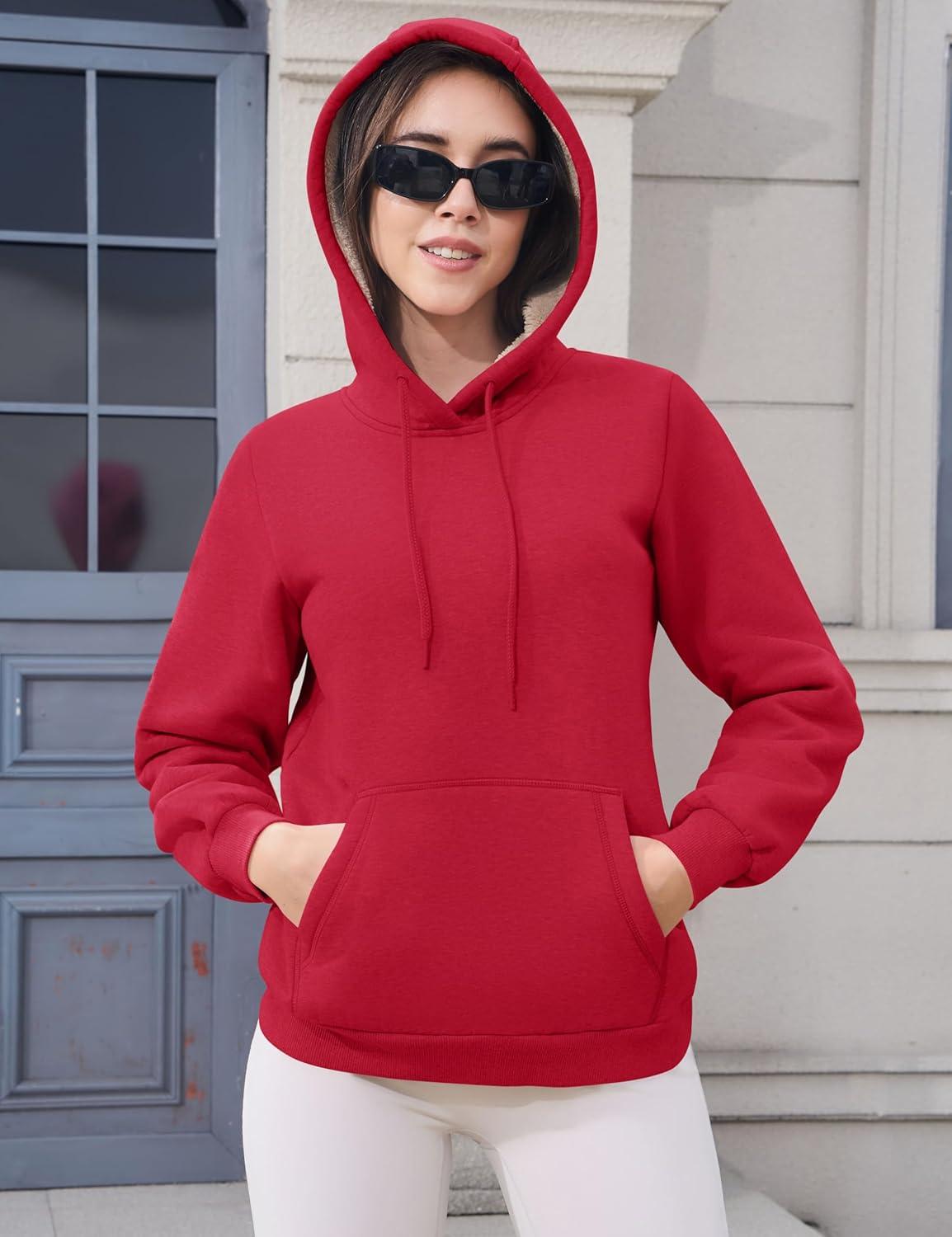 imageMAGCOMSEN Womens Hoodies Thick Fleece Lined Hooded Sweatshirt Warm Sherpa Lined Heavyweight Pullover with PocketTomato Red