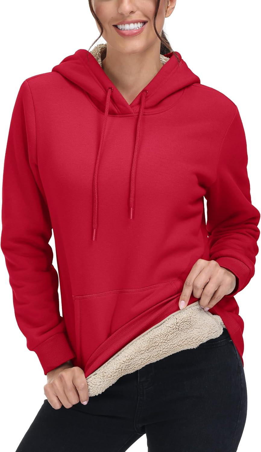 imageMAGCOMSEN Womens Hoodies Thick Fleece Lined Hooded Sweatshirt Warm Sherpa Lined Heavyweight Pullover with PocketTomato Red