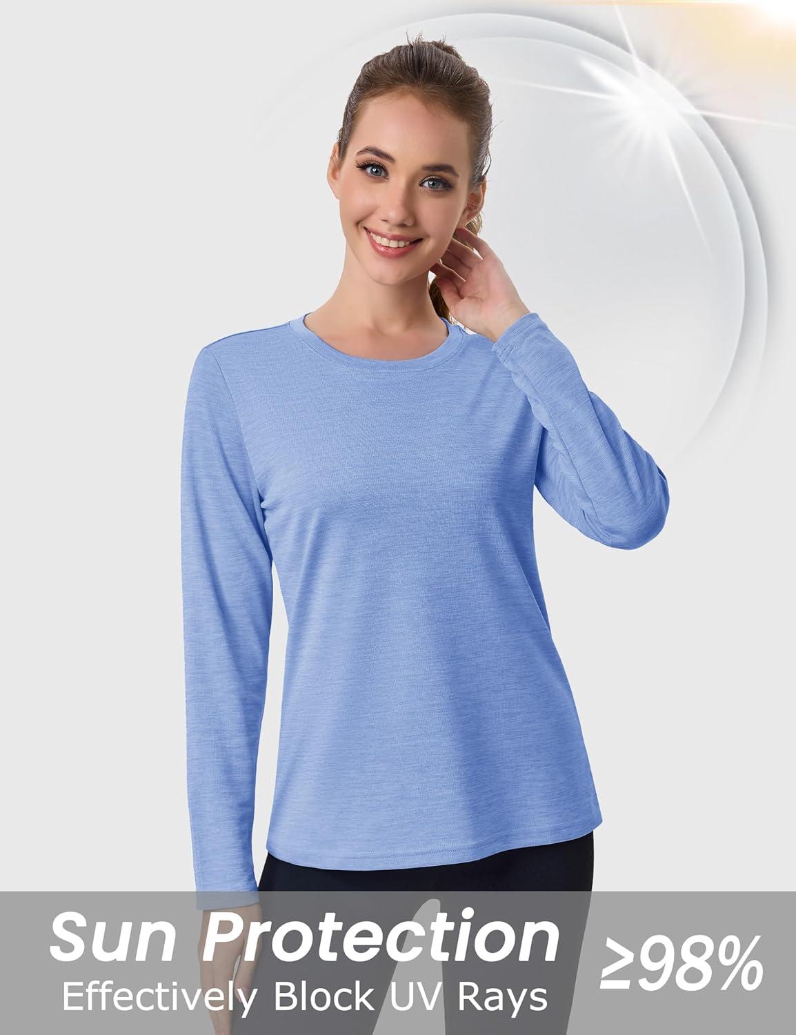 imageMAGCOMSEN Womens Long Sleeve Shirts UPF 50 Sun Protection Quick Dry Athletic Running Workout Tops Rash GuardLight Blue