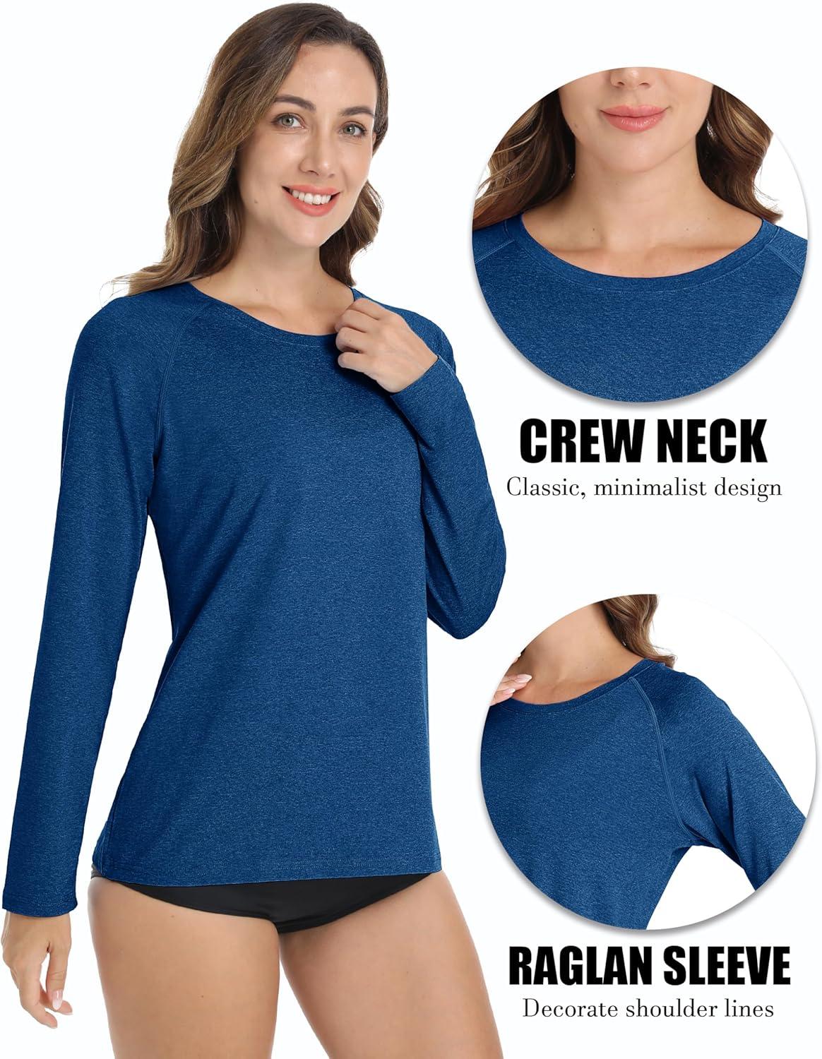imageMAGCOMSEN Womens Long Sleeve Shirts UPF 50 Workout Tops Sun Protection Athletic Running Swim Rash GuardDark Blue