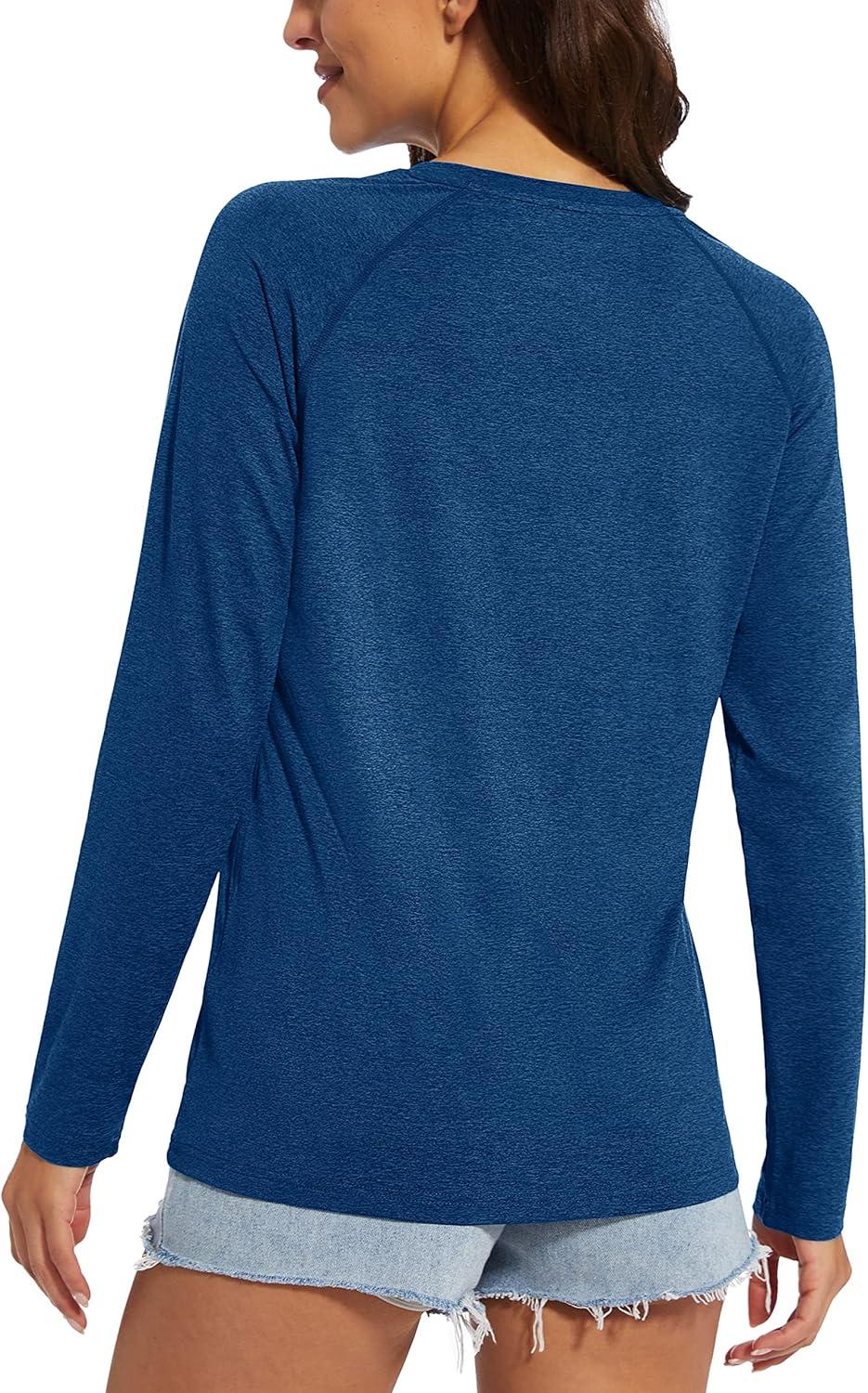 imageMAGCOMSEN Womens Long Sleeve Shirts UPF 50 Workout Tops Sun Protection Athletic Running Swim Rash GuardDark Blue