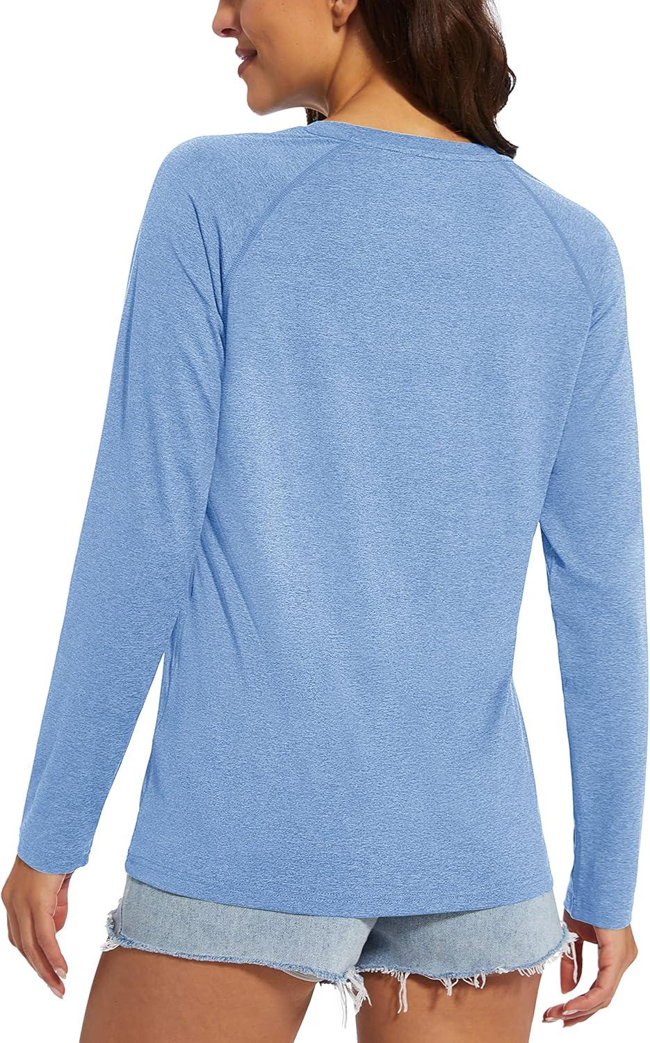imageMAGCOMSEN Womens Long Sleeve Shirts UPF 50 Workout Tops Sun Protection Athletic Running Swim Rash GuardLight Blue