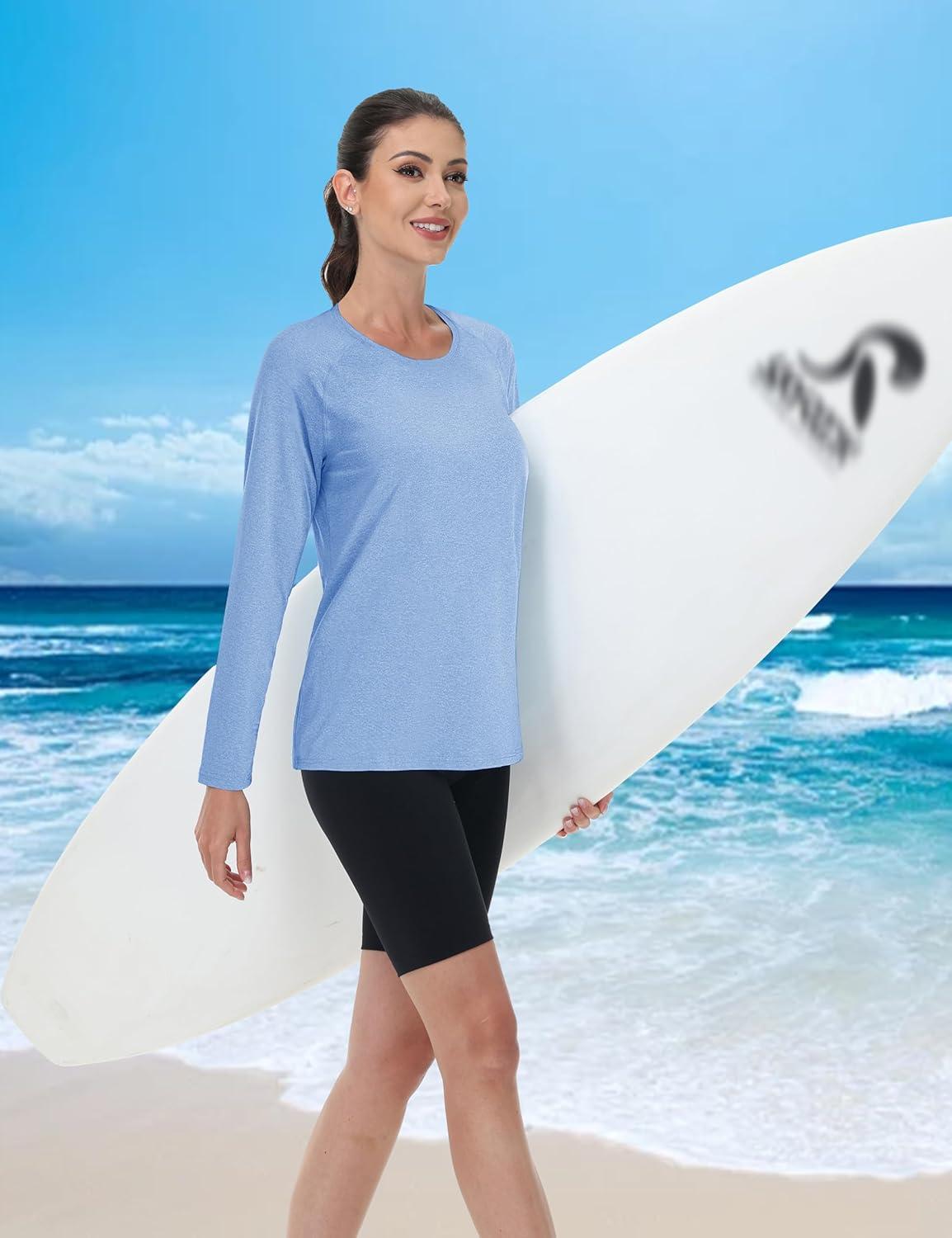 imageMAGCOMSEN Womens Long Sleeve Shirts UPF 50 Workout Tops Sun Protection Athletic Running Swim Rash GuardLight Blue