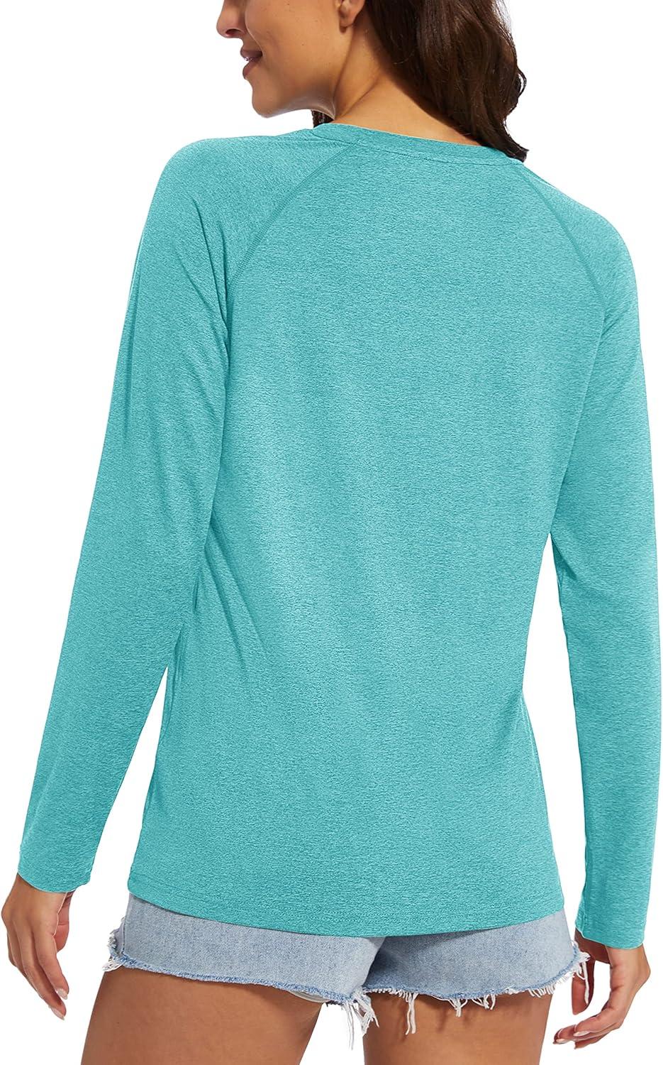 imageMAGCOMSEN Womens Long Sleeve Shirts UPF 50 Workout Tops Sun Protection Athletic Running Swim Rash GuardLight Green