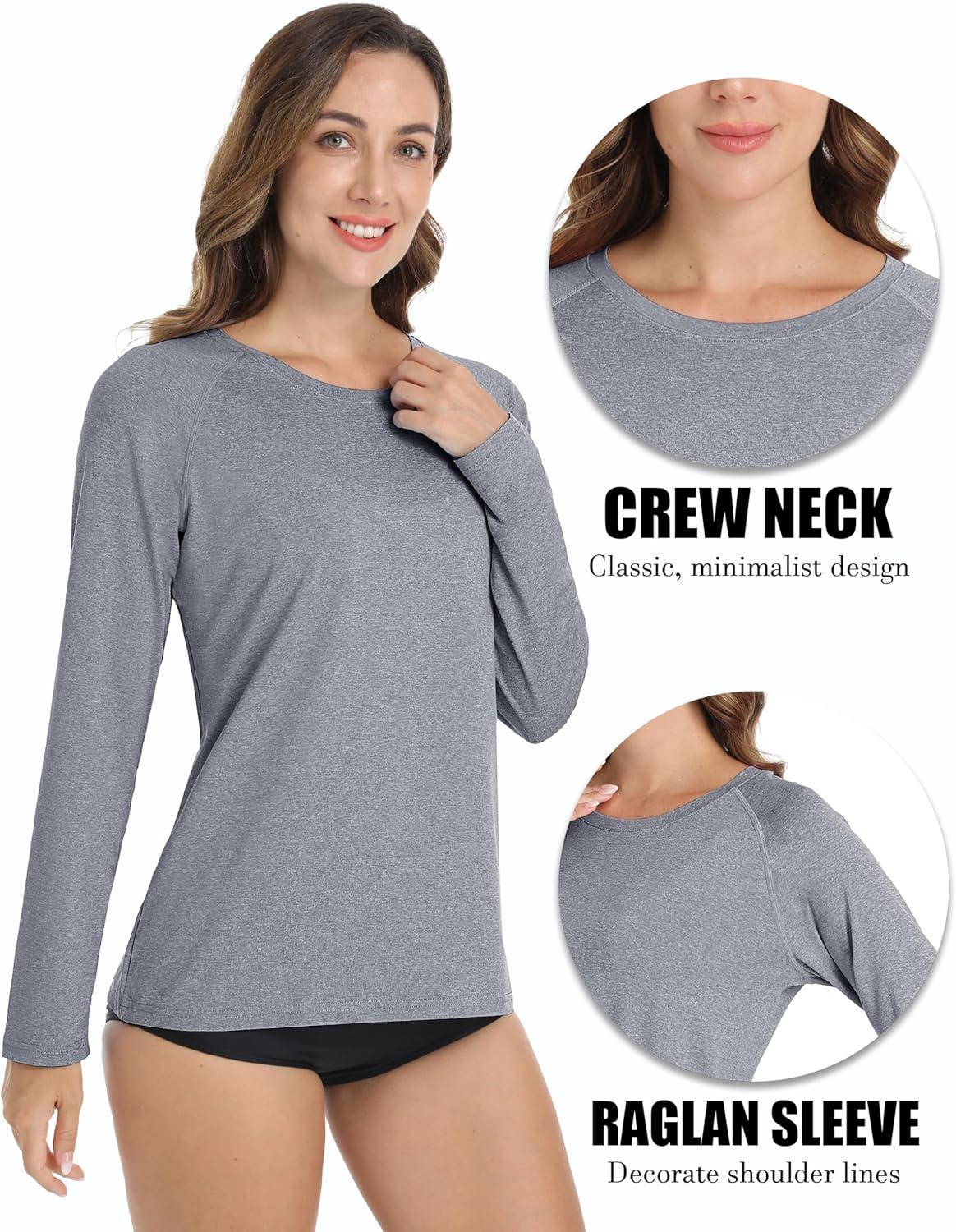imageMAGCOMSEN Womens Long Sleeve Shirts UPF 50 Workout Tops Sun Protection Athletic Running Swim Rash GuardLight Grey