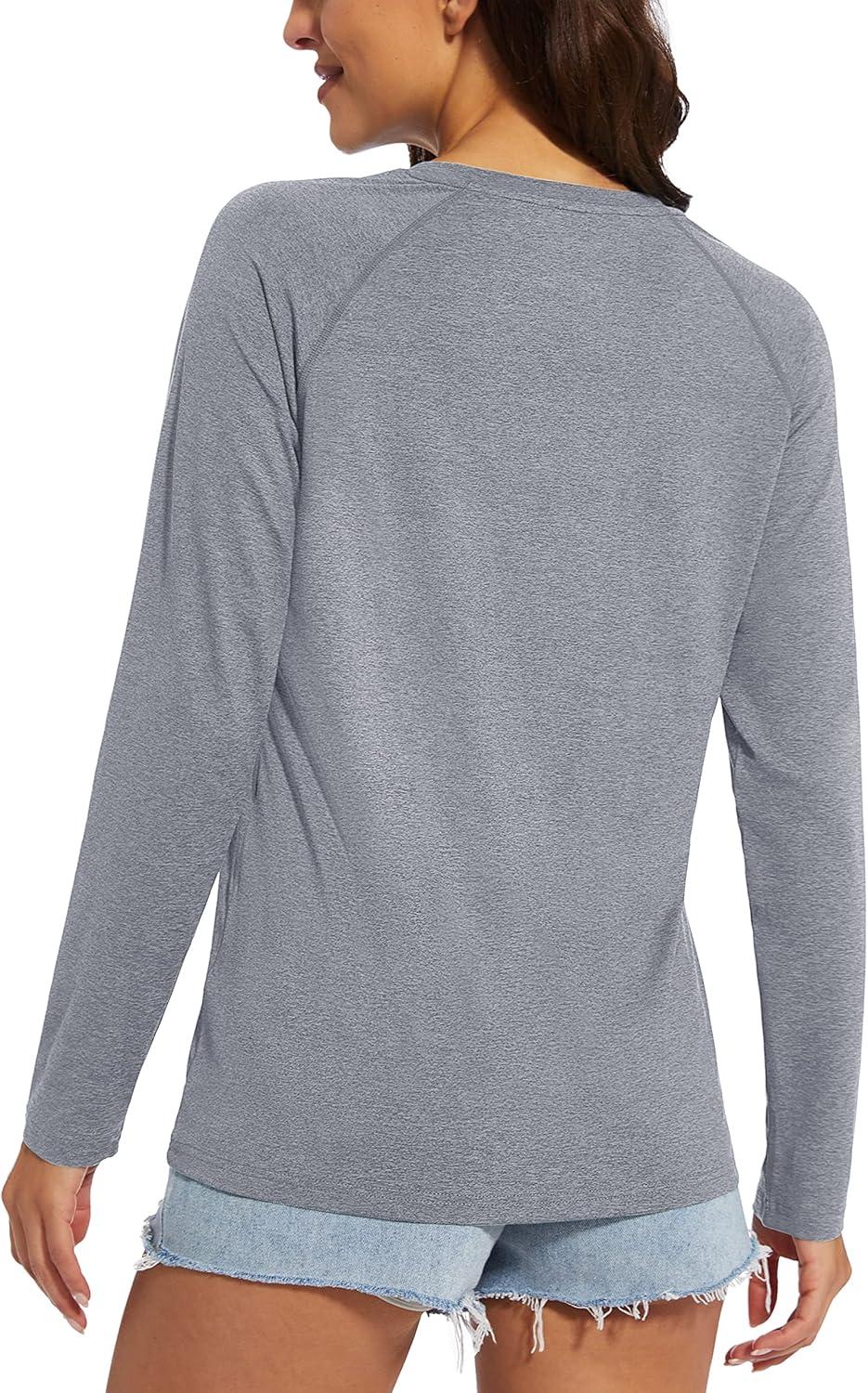 imageMAGCOMSEN Womens Long Sleeve Shirts UPF 50 Workout Tops Sun Protection Athletic Running Swim Rash GuardLight Grey