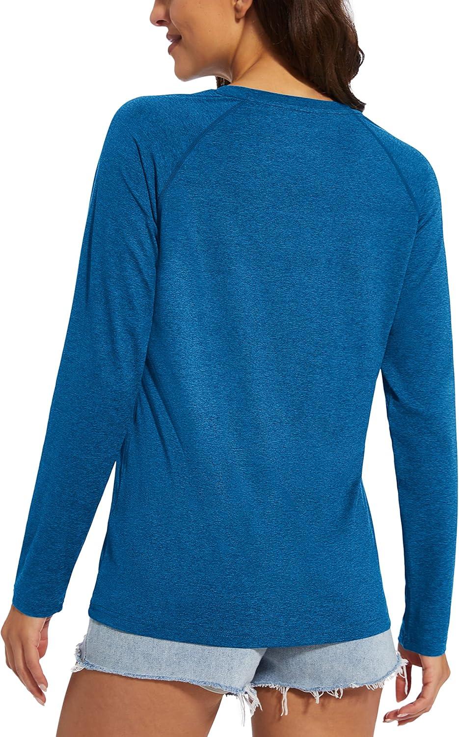 imageMAGCOMSEN Womens Long Sleeve Shirts UPF 50 Workout Tops Sun Protection Athletic Running Swim Rash GuardMiddle Blue