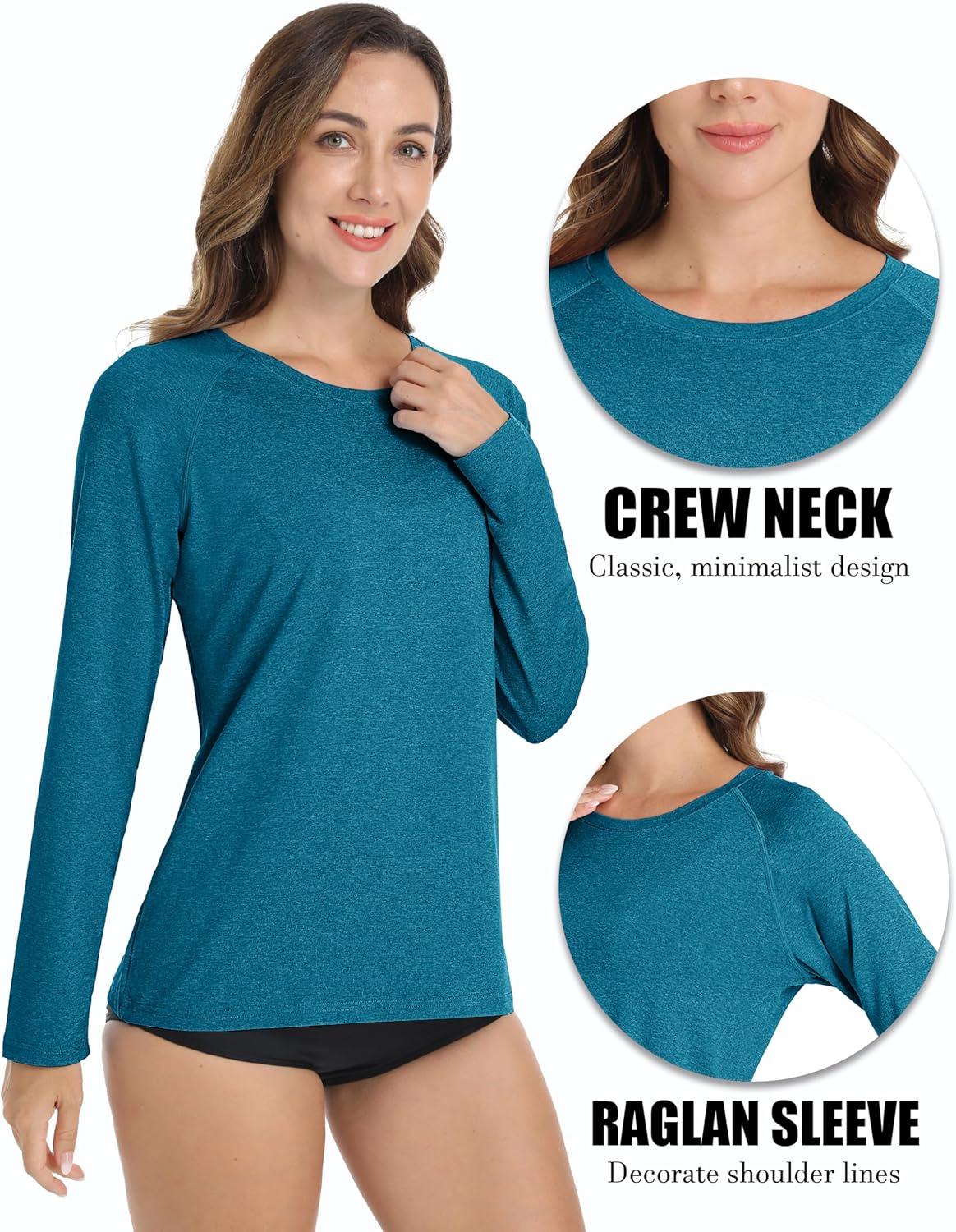 imageMAGCOMSEN Womens Long Sleeve Shirts UPF 50 Workout Tops Sun Protection Athletic Running Swim Rash GuardPeacock Blue