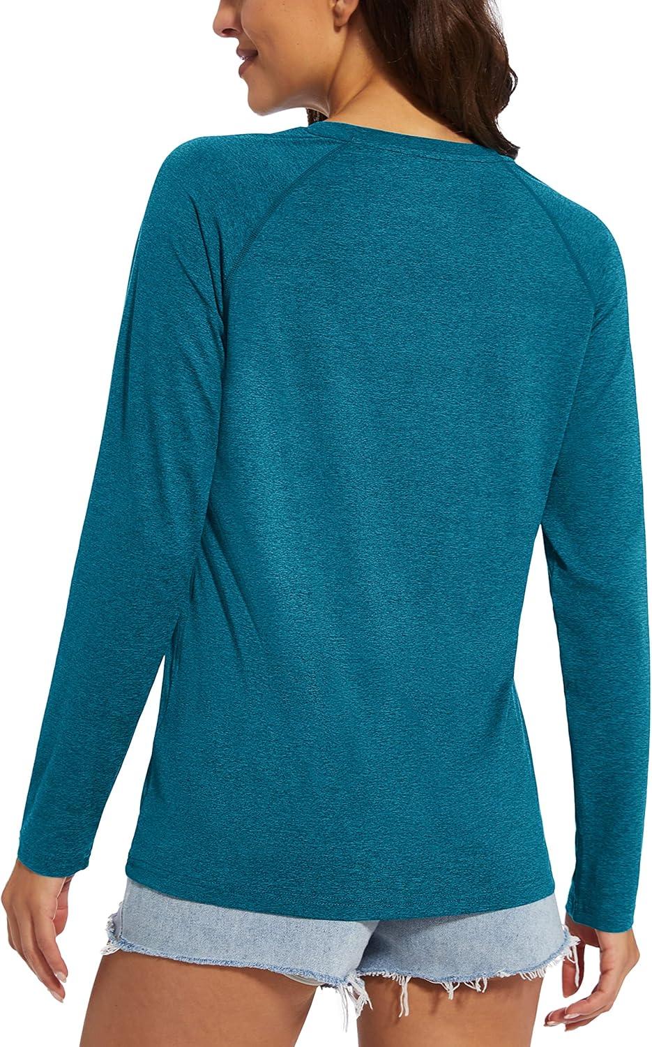 imageMAGCOMSEN Womens Long Sleeve Shirts UPF 50 Workout Tops Sun Protection Athletic Running Swim Rash GuardPeacock Blue