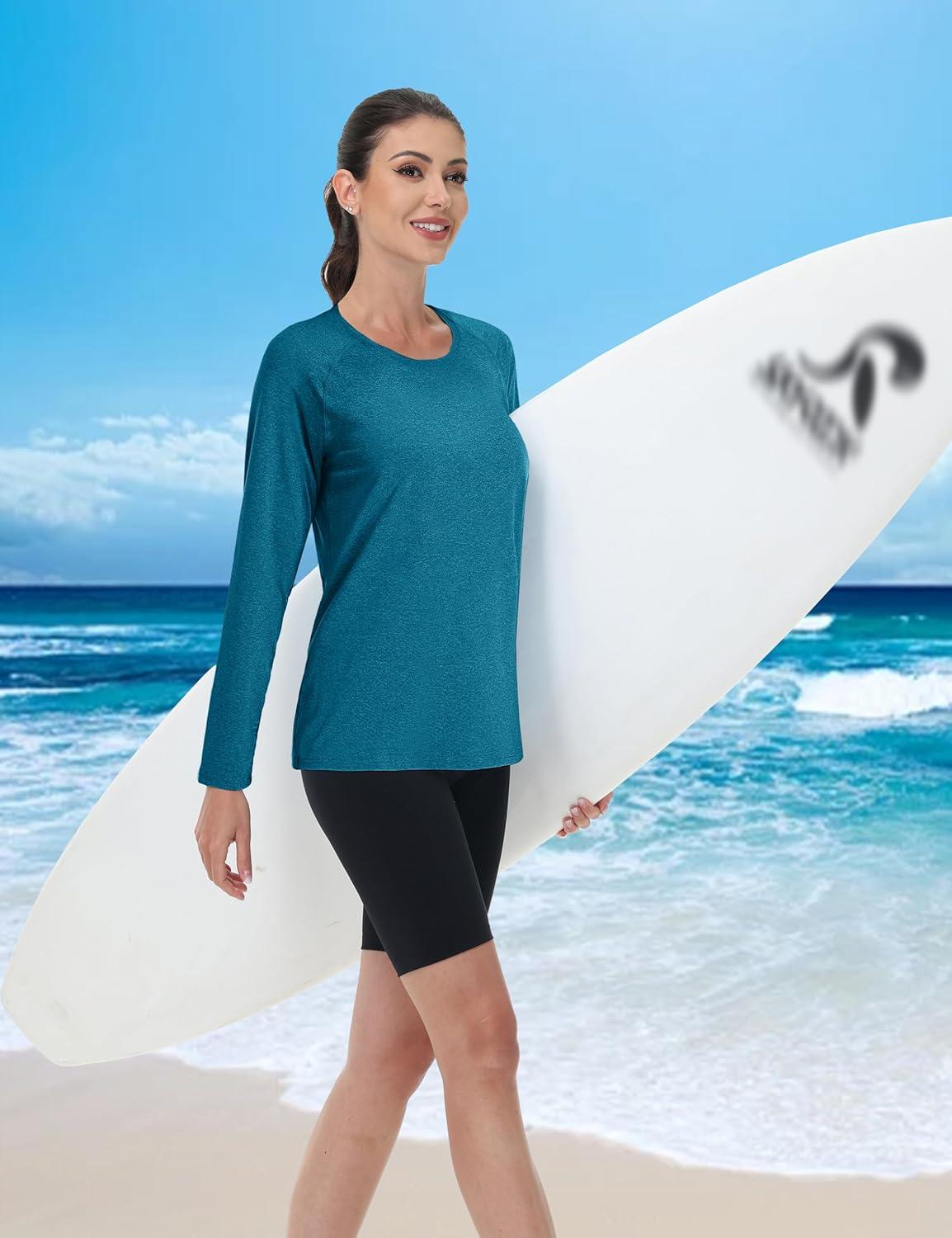 imageMAGCOMSEN Womens Long Sleeve Shirts UPF 50 Workout Tops Sun Protection Athletic Running Swim Rash GuardPeacock Blue
