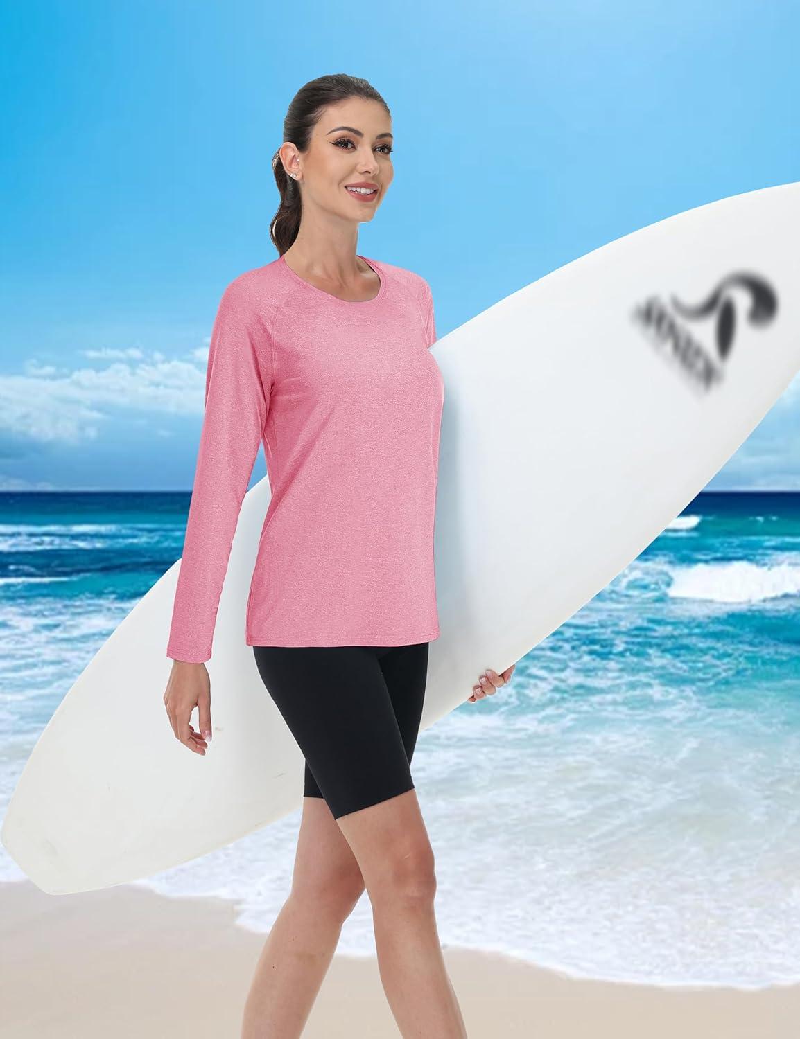 imageMAGCOMSEN Womens Long Sleeve Shirts UPF 50 Workout Tops Sun Protection Athletic Running Swim Rash GuardPink
