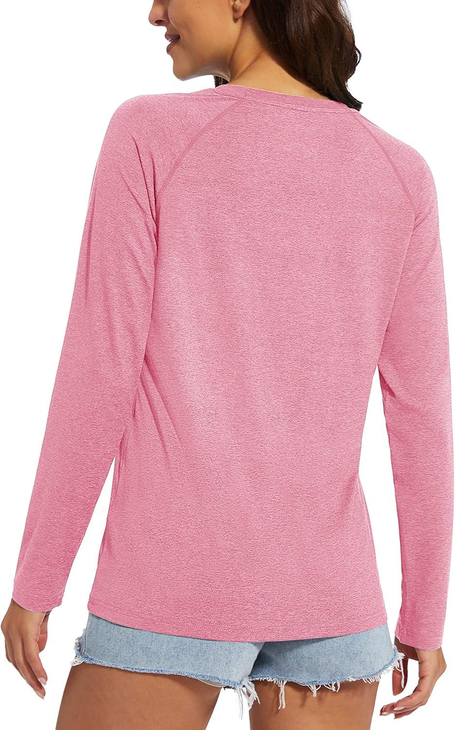 imageMAGCOMSEN Womens Long Sleeve Shirts UPF 50 Workout Tops Sun Protection Athletic Running Swim Rash GuardPink