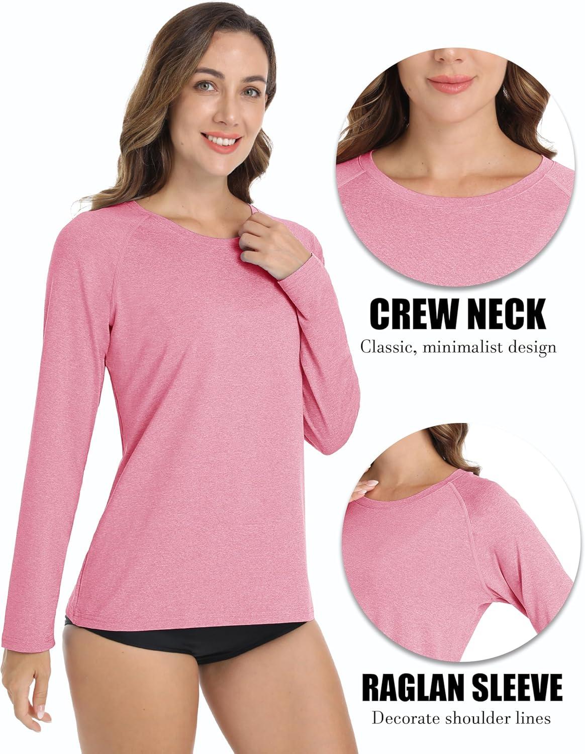 imageMAGCOMSEN Womens Long Sleeve Shirts UPF 50 Workout Tops Sun Protection Athletic Running Swim Rash GuardPink