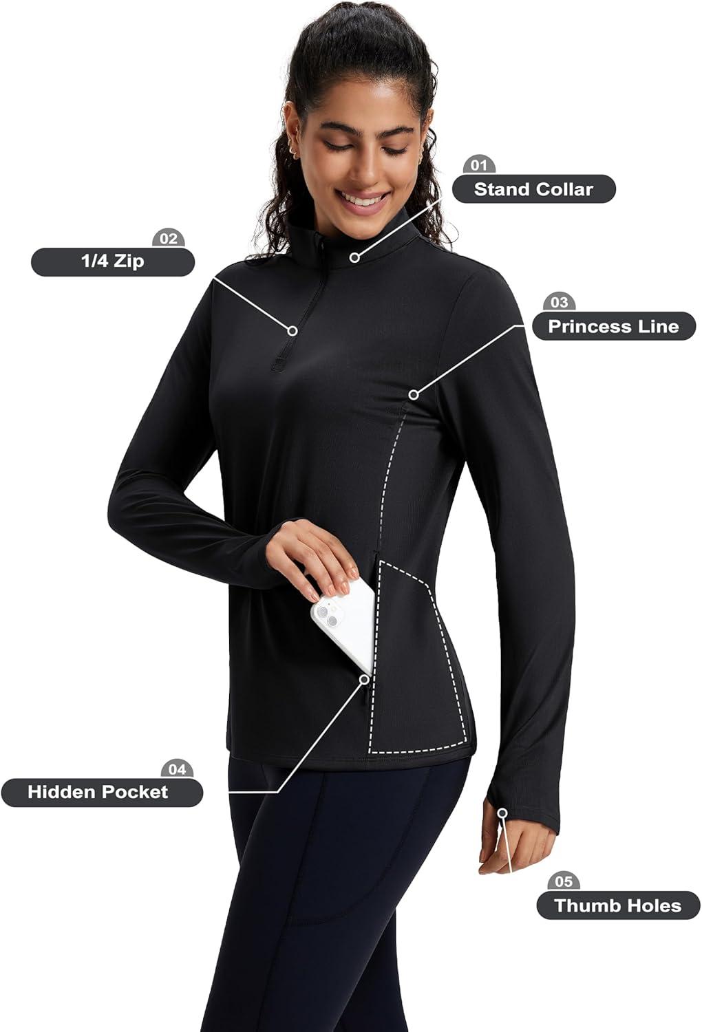 imageMAGCOMSEN Womens Quarter Zip Fleece Pullover Mock Neck Thermal Shirts with Zip Pocket Athletic Running TopsBlack