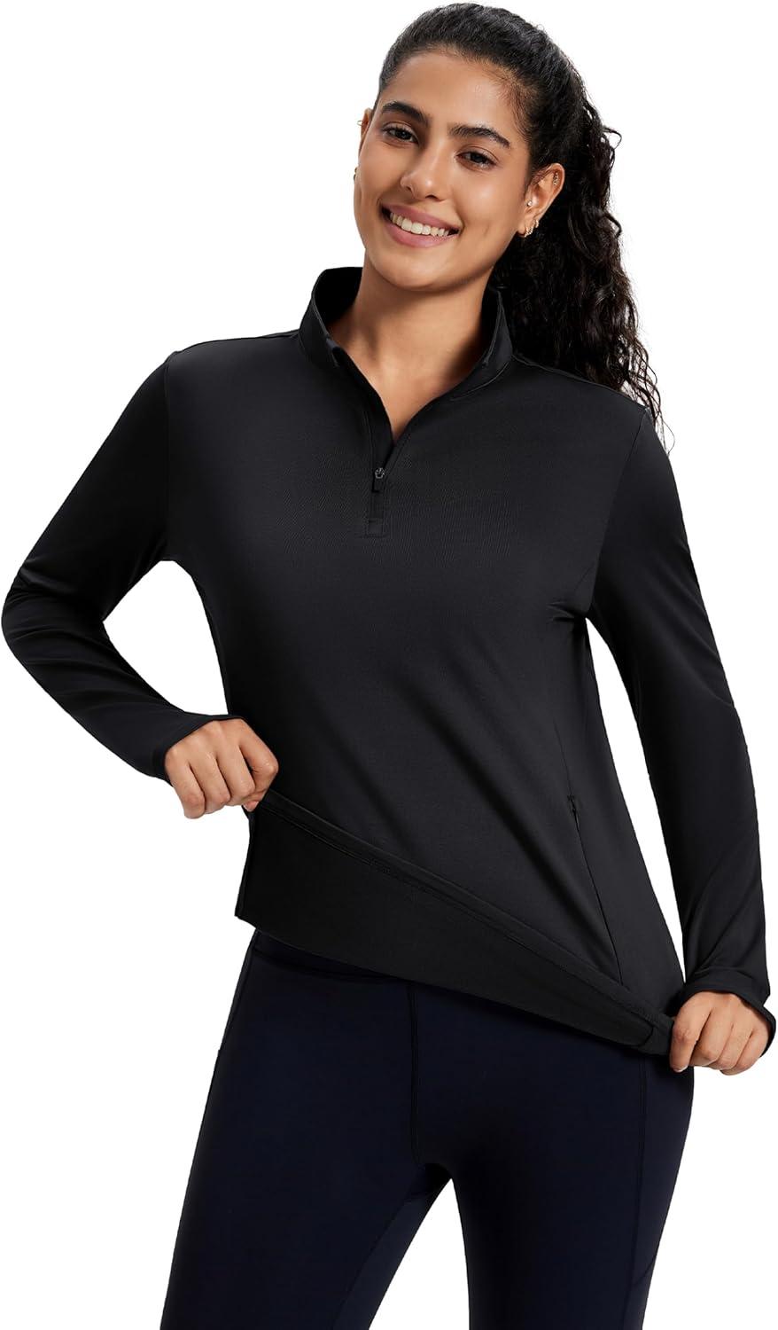 imageMAGCOMSEN Womens Quarter Zip Fleece Pullover Mock Neck Thermal Shirts with Zip Pocket Athletic Running TopsBlack