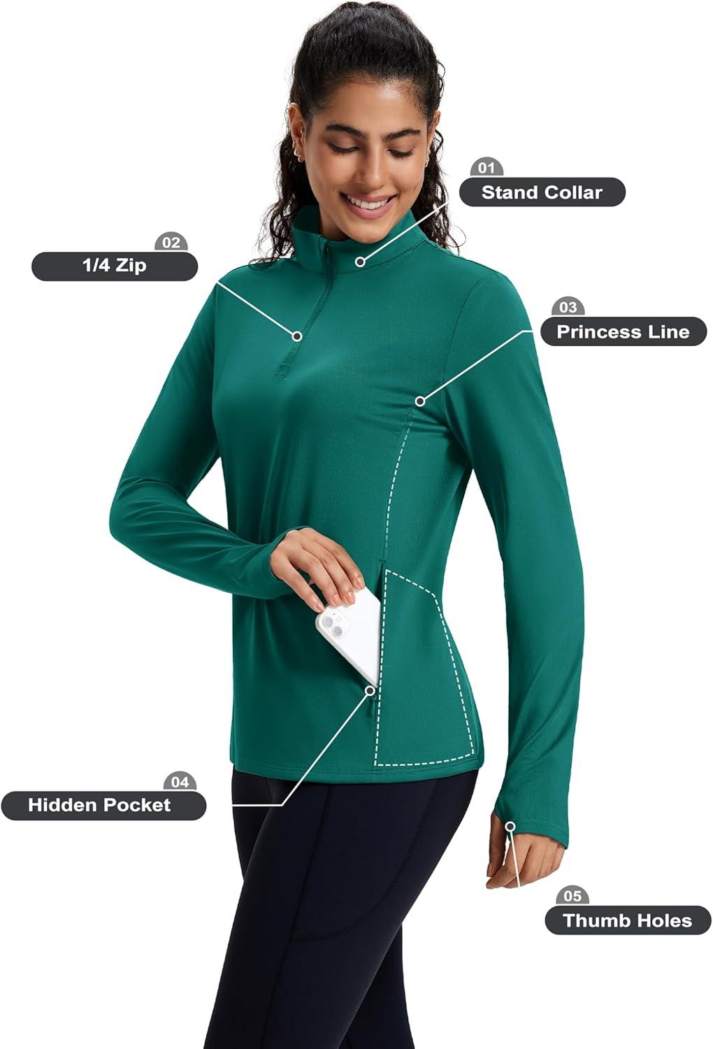 imageMAGCOMSEN Womens Quarter Zip Fleece Pullover Mock Neck Thermal Shirts with Zip Pocket Athletic Running TopsGreen