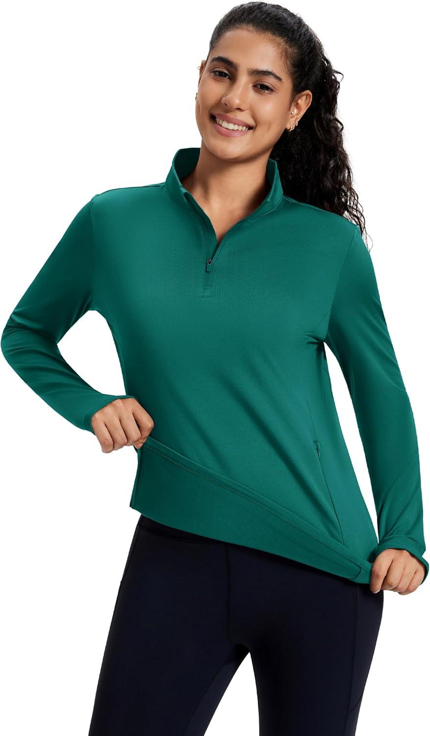 imageMAGCOMSEN Womens Quarter Zip Fleece Pullover Mock Neck Thermal Shirts with Zip Pocket Athletic Running TopsGreen