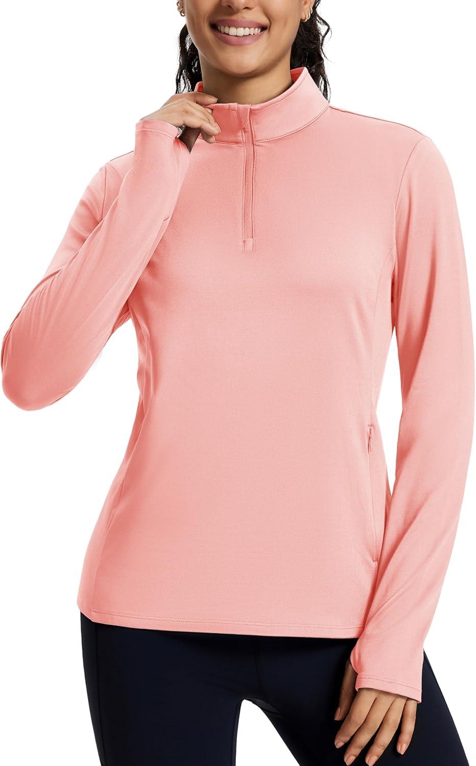 imageMAGCOMSEN Womens Quarter Zip Fleece Pullover Mock Neck Thermal Shirts with Zip Pocket Athletic Running TopsLightpink