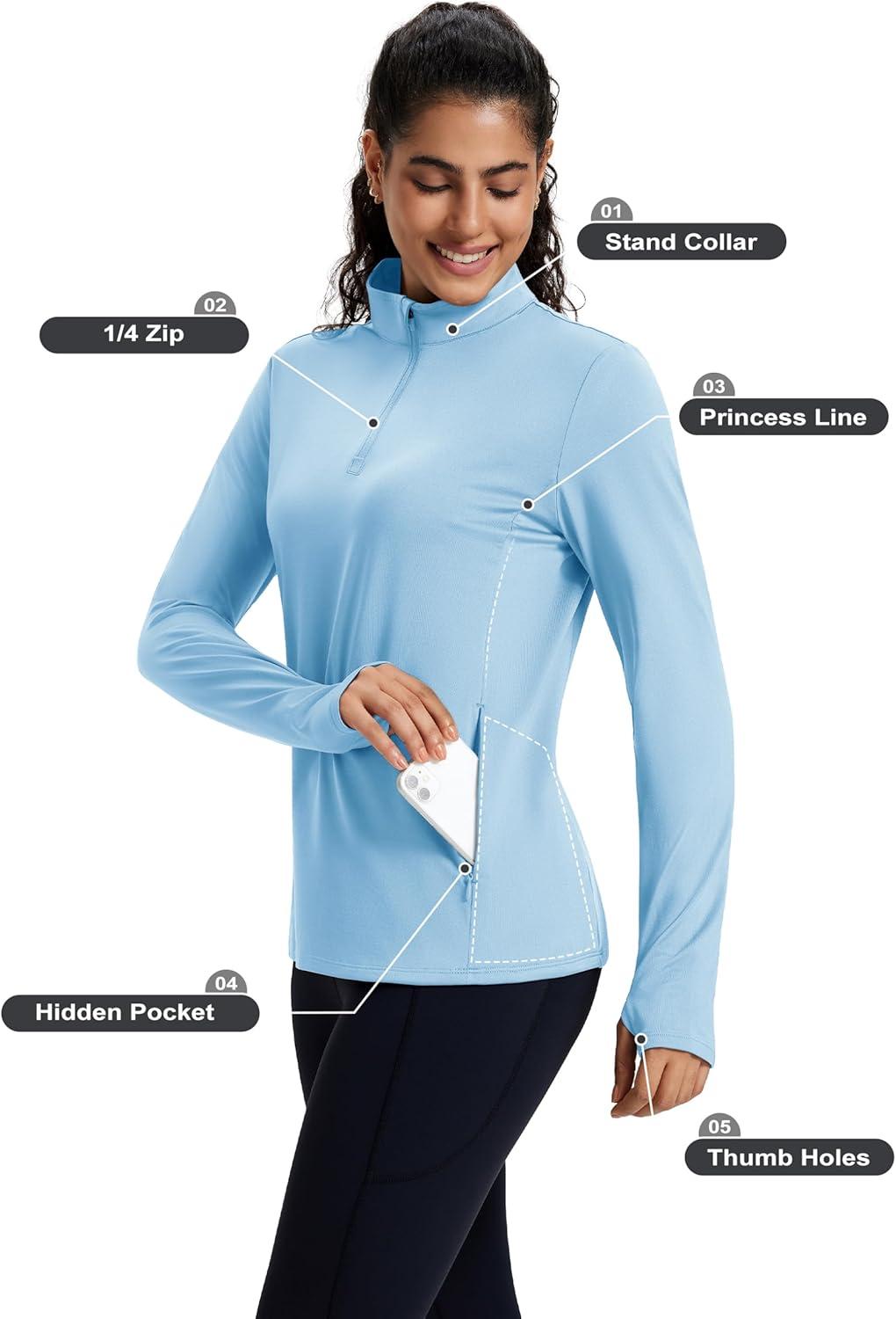 imageMAGCOMSEN Womens Quarter Zip Fleece Pullover Mock Neck Thermal Shirts with Zip Pocket Athletic Running TopsLsblue