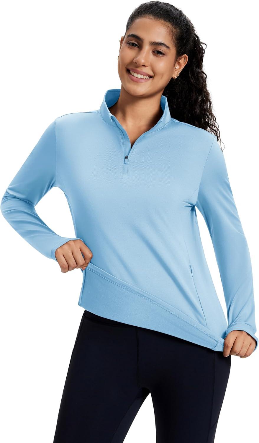 imageMAGCOMSEN Womens Quarter Zip Fleece Pullover Mock Neck Thermal Shirts with Zip Pocket Athletic Running TopsLsblue