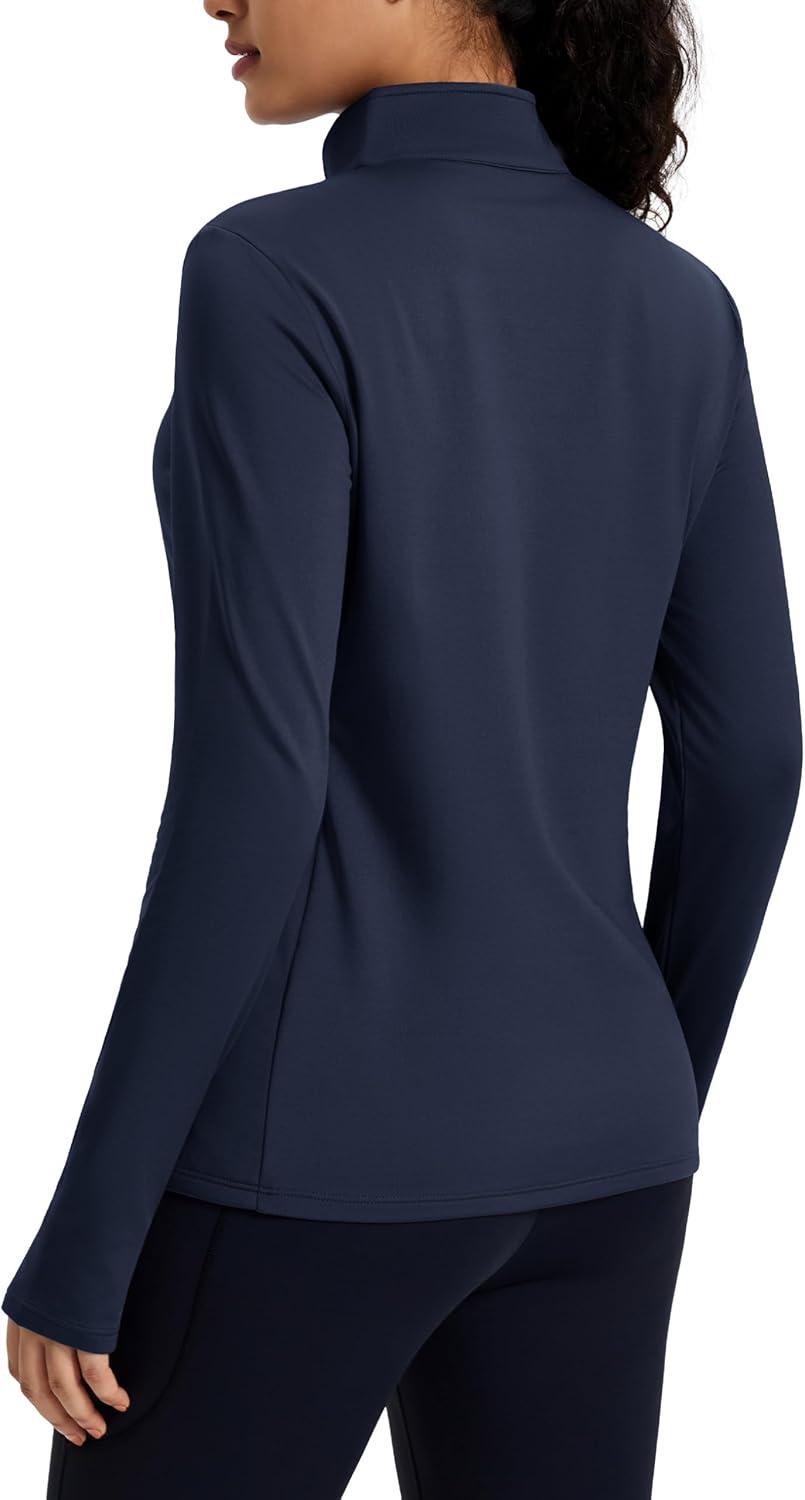 imageMAGCOMSEN Womens Quarter Zip Fleece Pullover Mock Neck Thermal Shirts with Zip Pocket Athletic Running TopsNavy