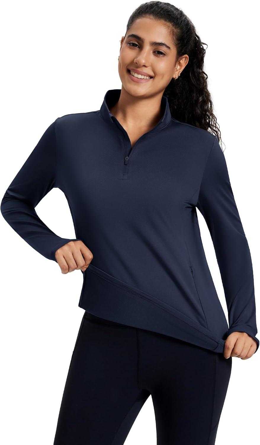 imageMAGCOMSEN Womens Quarter Zip Fleece Pullover Mock Neck Thermal Shirts with Zip Pocket Athletic Running TopsNavy
