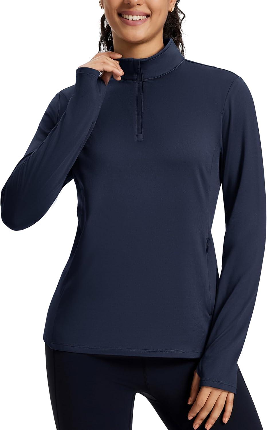 imageMAGCOMSEN Womens Quarter Zip Fleece Pullover Mock Neck Thermal Shirts with Zip Pocket Athletic Running TopsNavy
