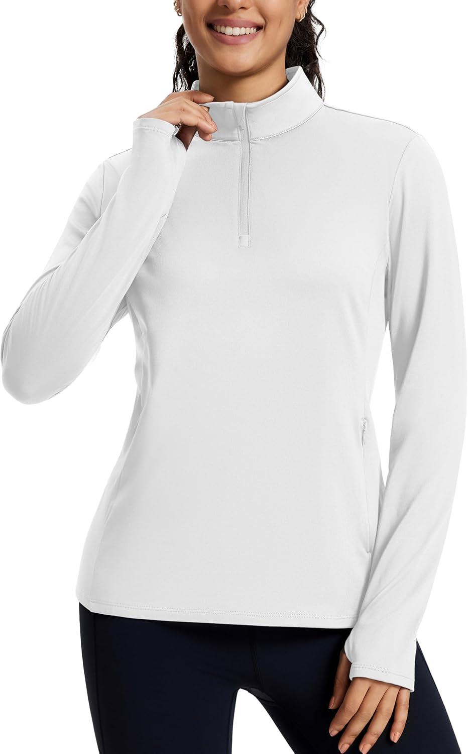 imageMAGCOMSEN Womens Quarter Zip Fleece Pullover Mock Neck Thermal Shirts with Zip Pocket Athletic Running TopsWhite