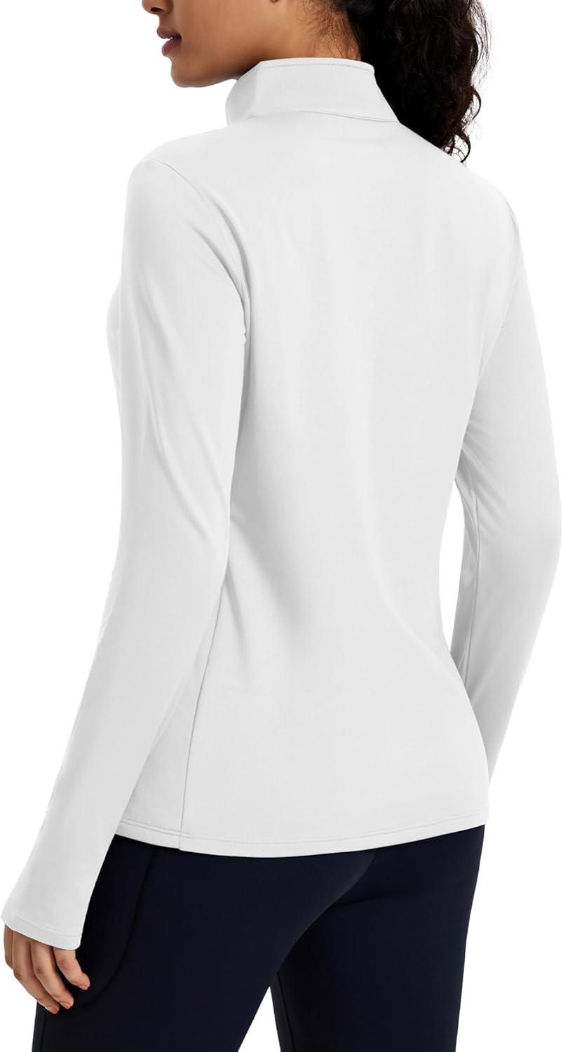 imageMAGCOMSEN Womens Quarter Zip Fleece Pullover Mock Neck Thermal Shirts with Zip Pocket Athletic Running TopsWhite