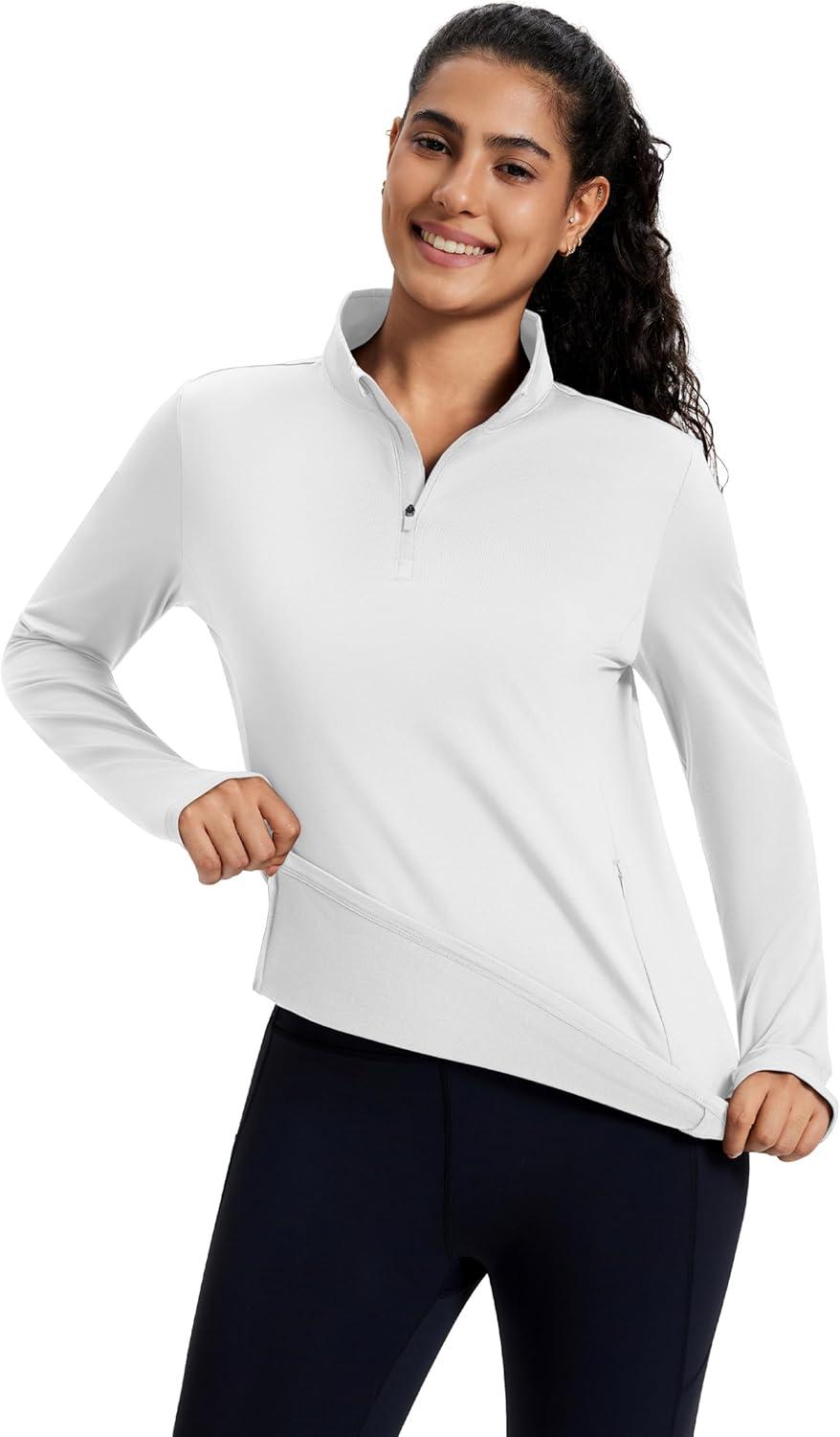 imageMAGCOMSEN Womens Quarter Zip Fleece Pullover Mock Neck Thermal Shirts with Zip Pocket Athletic Running TopsWhite