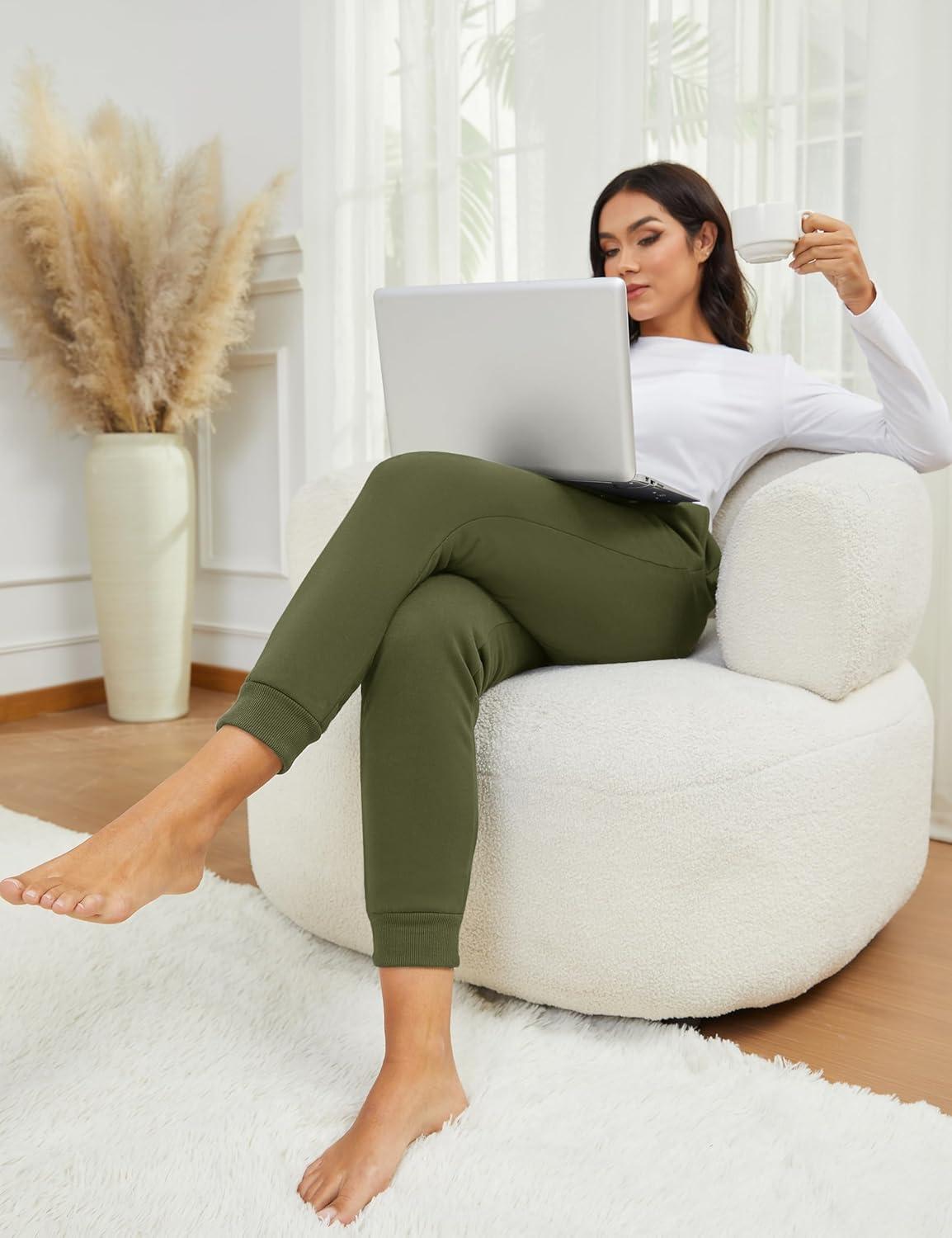 imageMAGCOMSEN Womens Sherpa Lined Sweatpants Winter Warm Fleece Pants Insulated Thermal Athletic Joggers with PocketsArmy Green