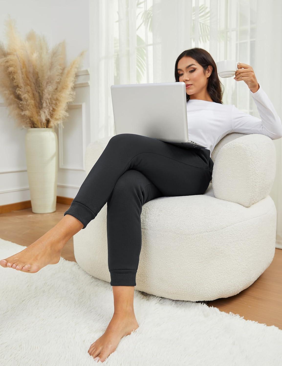 imageMAGCOMSEN Womens Sherpa Lined Sweatpants Winter Warm Fleece Pants Insulated Thermal Athletic Joggers with PocketsBlack