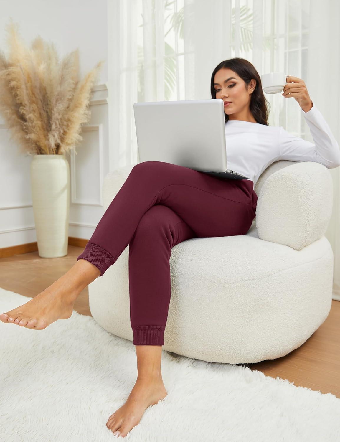 imageMAGCOMSEN Womens Sherpa Lined Sweatpants Winter Warm Fleece Pants Insulated Thermal Athletic Joggers with PocketsBurgundy