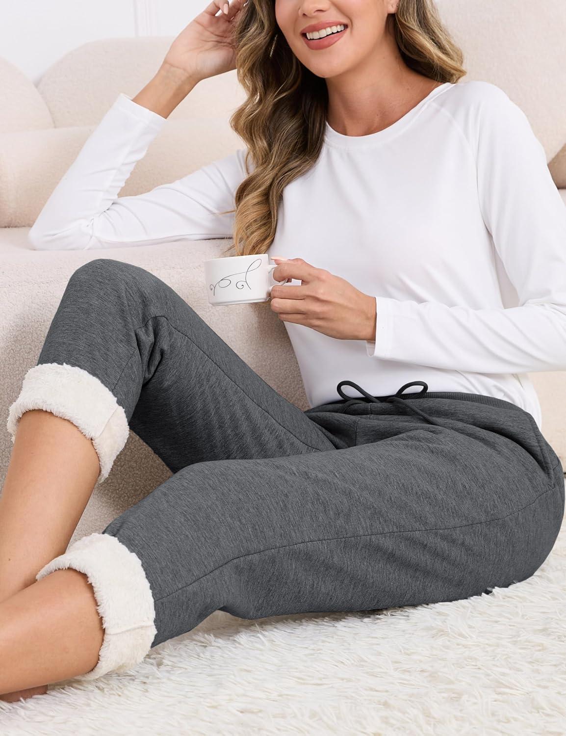 imageMAGCOMSEN Womens Sherpa Lined Sweatpants Winter Warm Fleece Pants Insulated Thermal Athletic Joggers with PocketsDark Grey