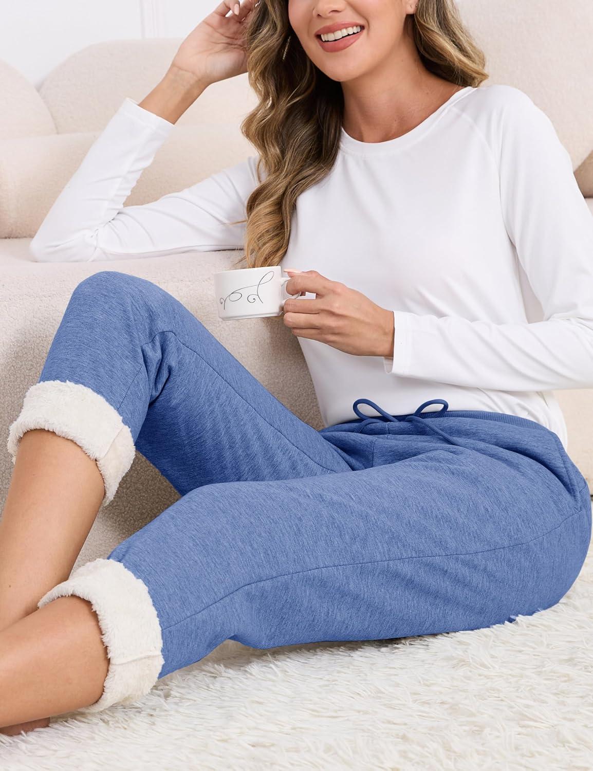 imageMAGCOMSEN Womens Sherpa Lined Sweatpants Winter Warm Fleece Pants Insulated Thermal Athletic Joggers with PocketsGrey Blue