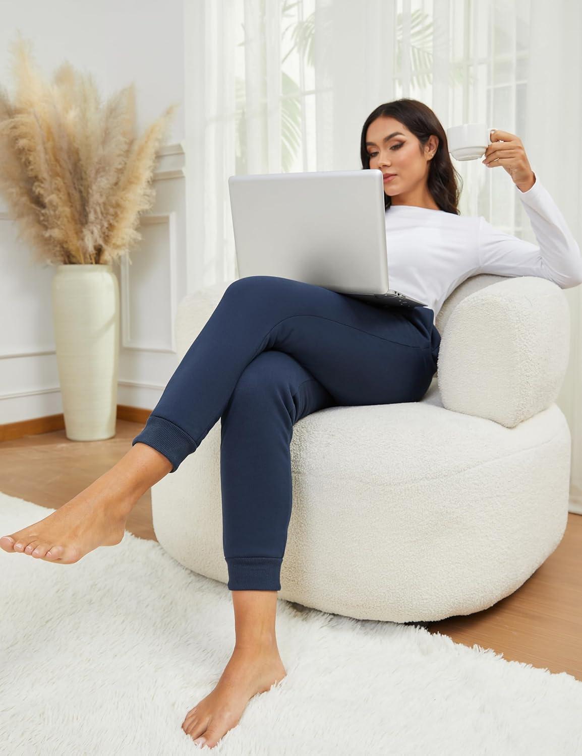 imageMAGCOMSEN Womens Sherpa Lined Sweatpants Winter Warm Fleece Pants Insulated Thermal Athletic Joggers with PocketsNavy Blue