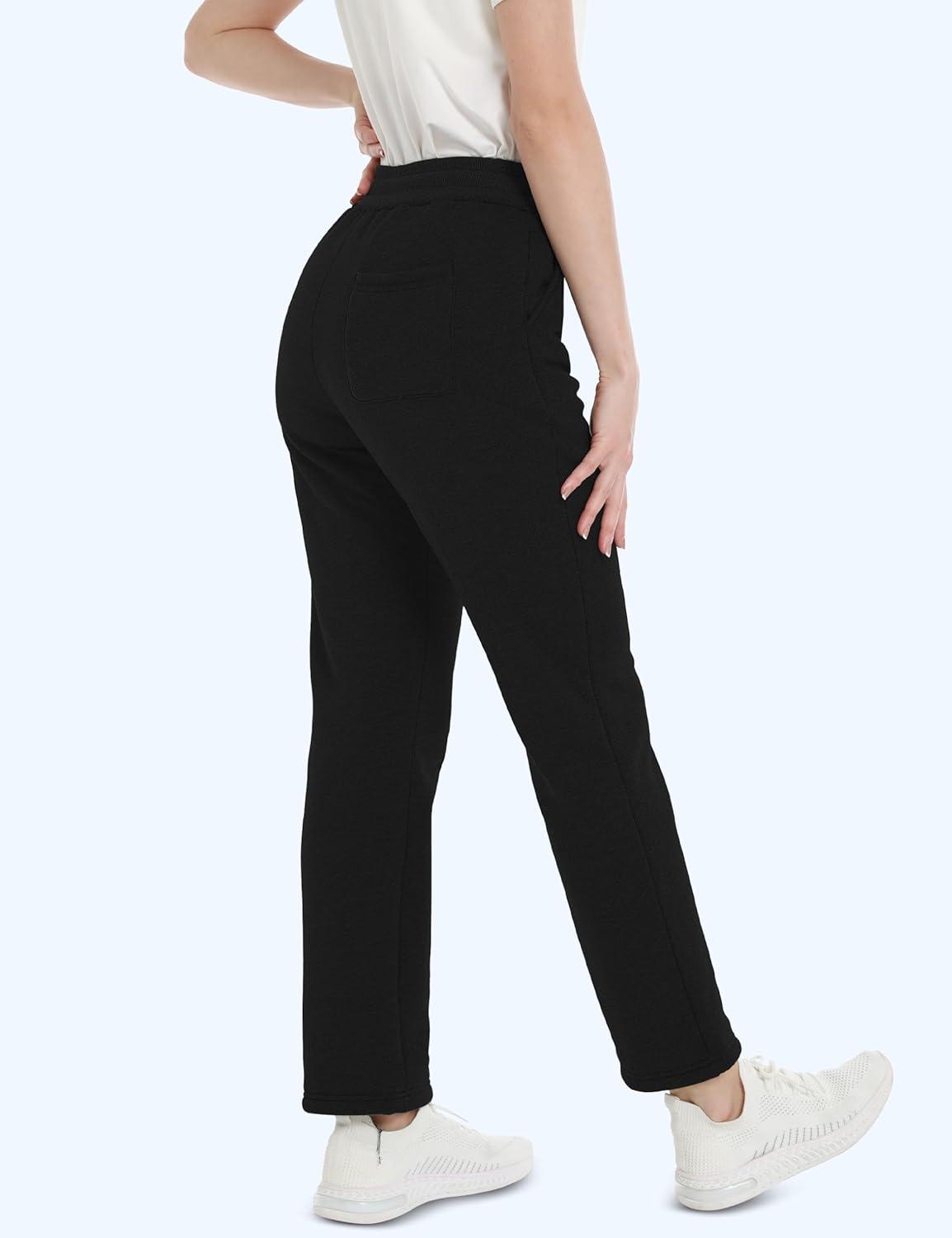 imageMAGCOMSEN Womens Sherpa Lined Sweatpants with Pockets Warm Thick Fleece Winter Casual Lounge PantsBlack