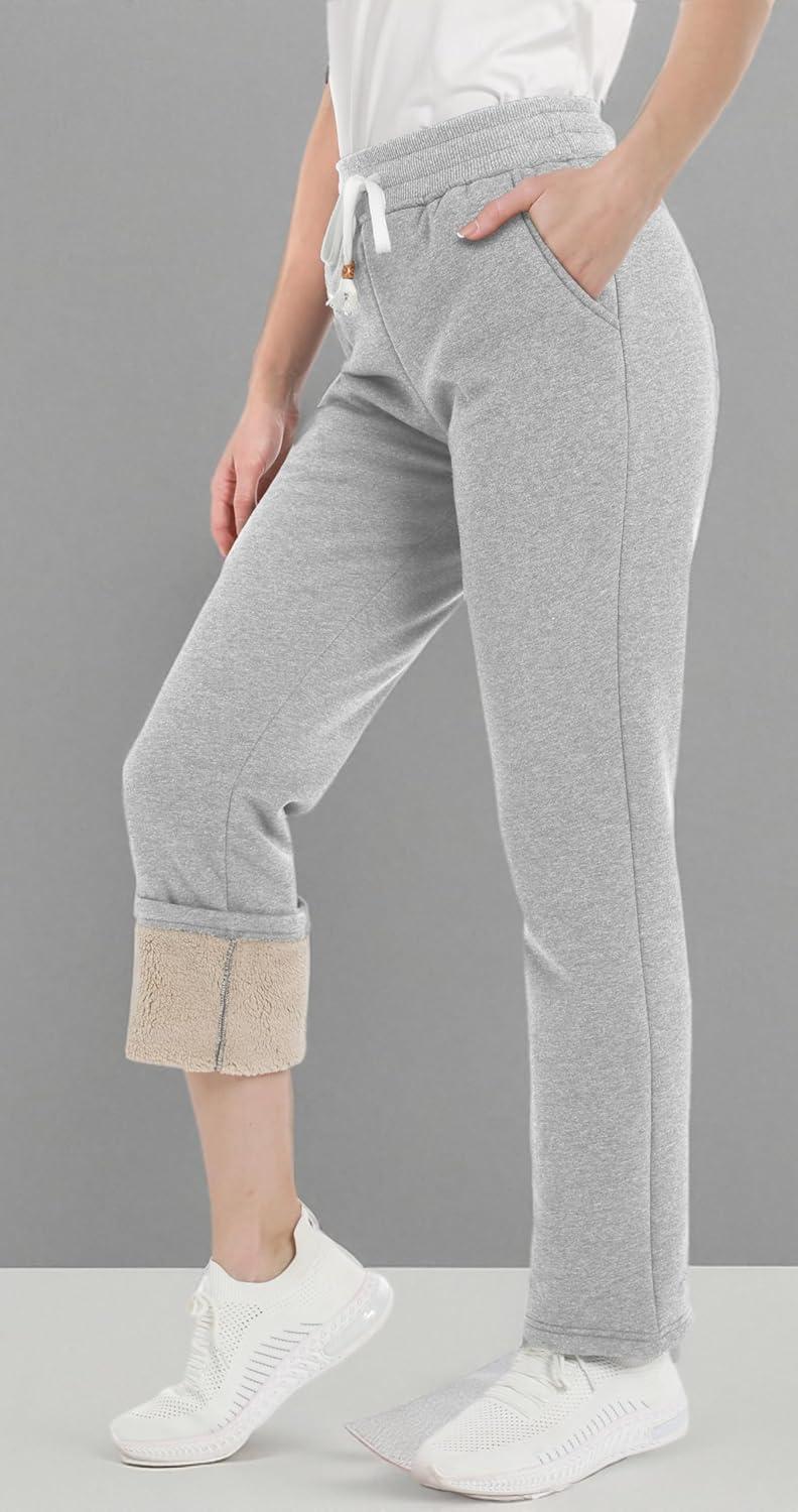 imageMAGCOMSEN Womens Sherpa Lined Sweatpants with Pockets Warm Thick Fleece Winter Casual Lounge PantsLight Grey