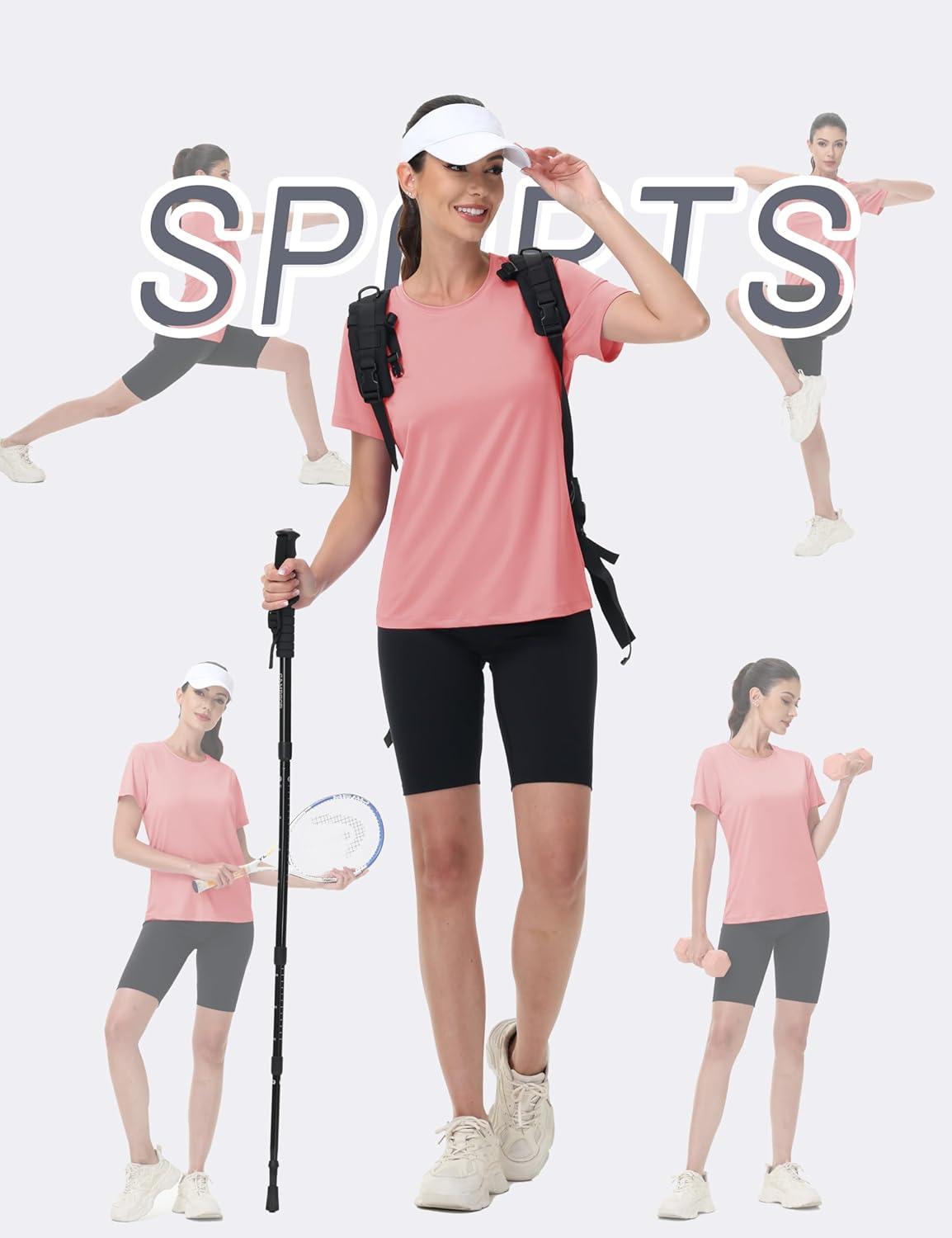 imageMAGCOMSEN Womens Short Sleeve Shirt UPF 80 Sun Protection TShirts Quick Dry Workout Gym Running TopsPink