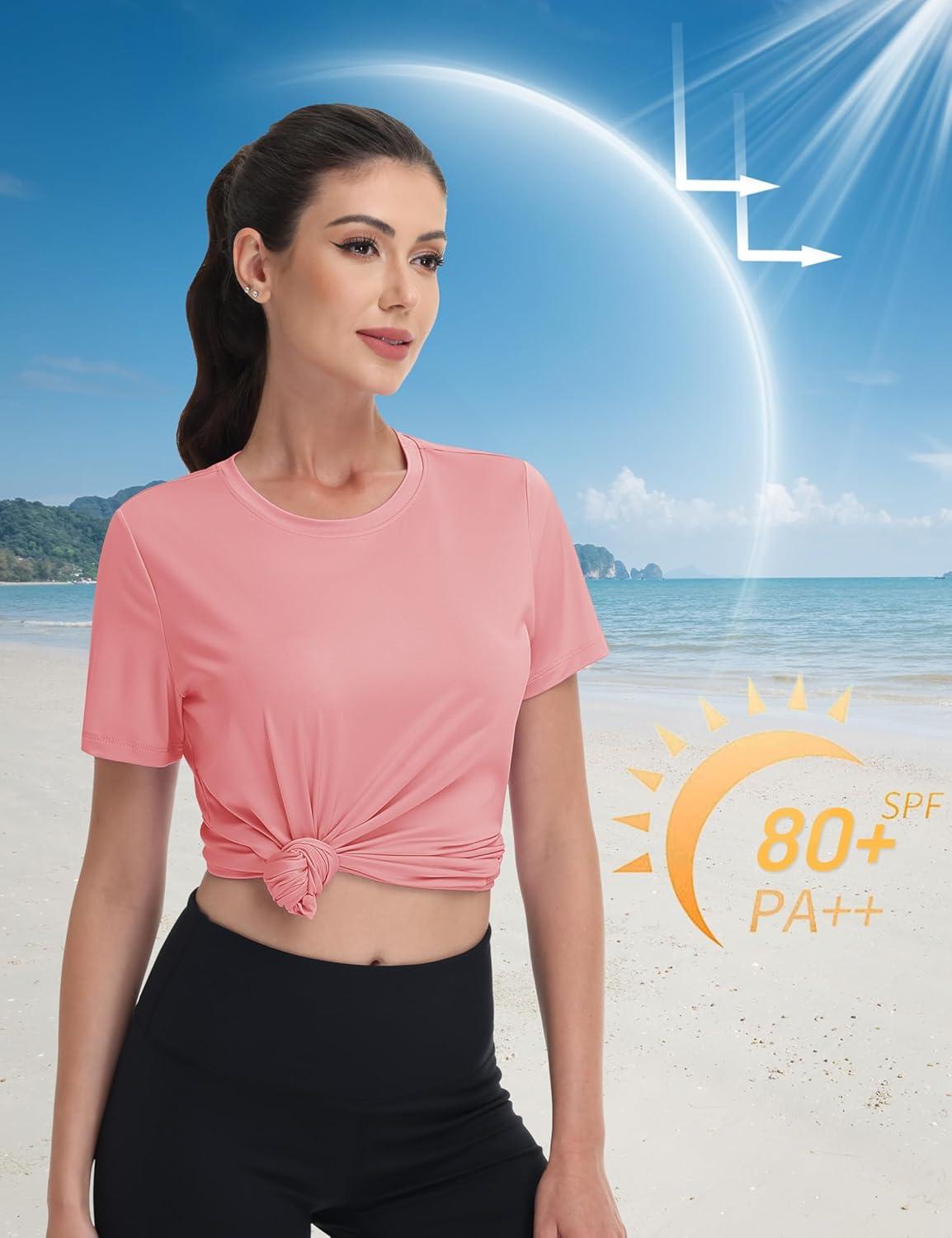 imageMAGCOMSEN Womens Short Sleeve Shirt UPF 80 Sun Protection TShirts Quick Dry Workout Gym Running TopsPink