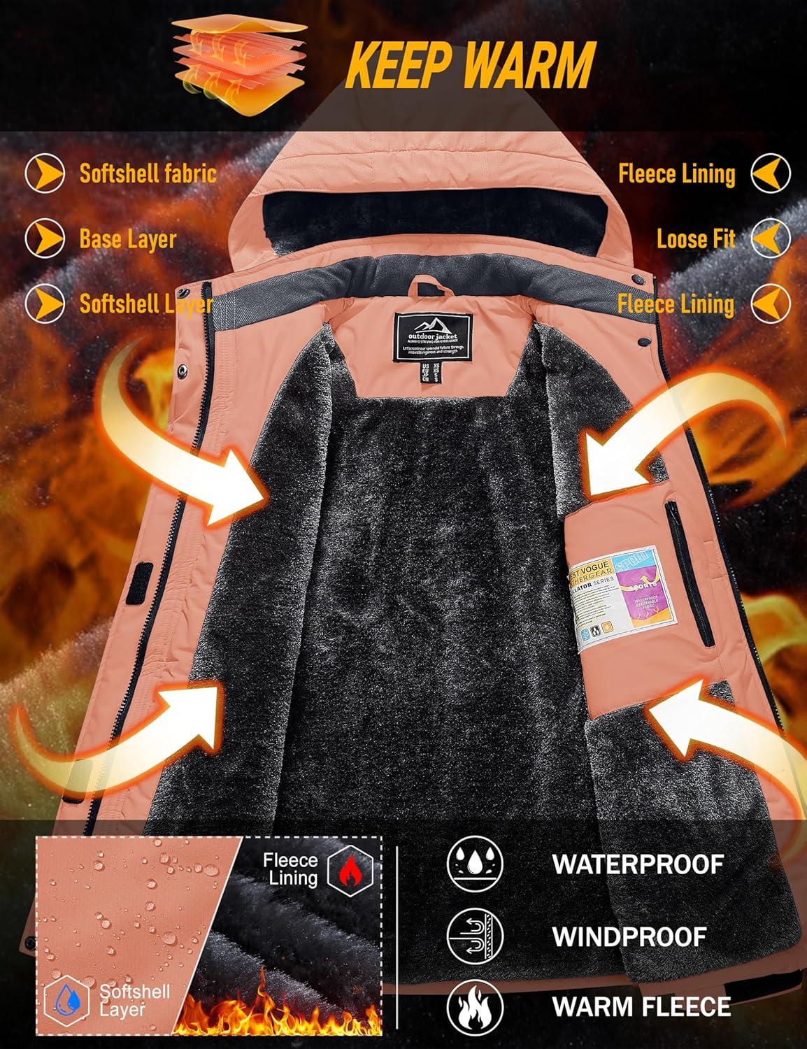 imageMAGCOMSEN Womens Ski Jacket Waterproof Insulated Snow Jacket Warm Windproof Winter Coats with Hood Fleece Lined JacketApricot