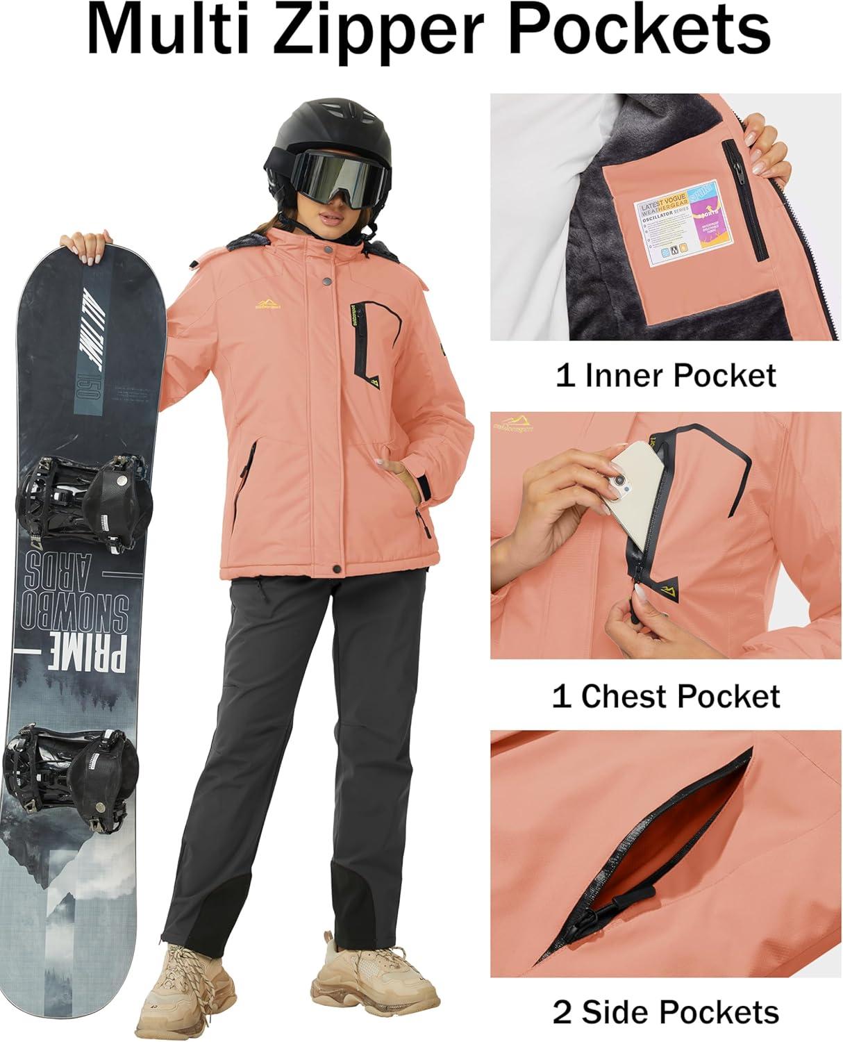 imageMAGCOMSEN Womens Ski Jacket Waterproof Insulated Snow Jacket Warm Windproof Winter Coats with Hood Fleece Lined JacketApricot