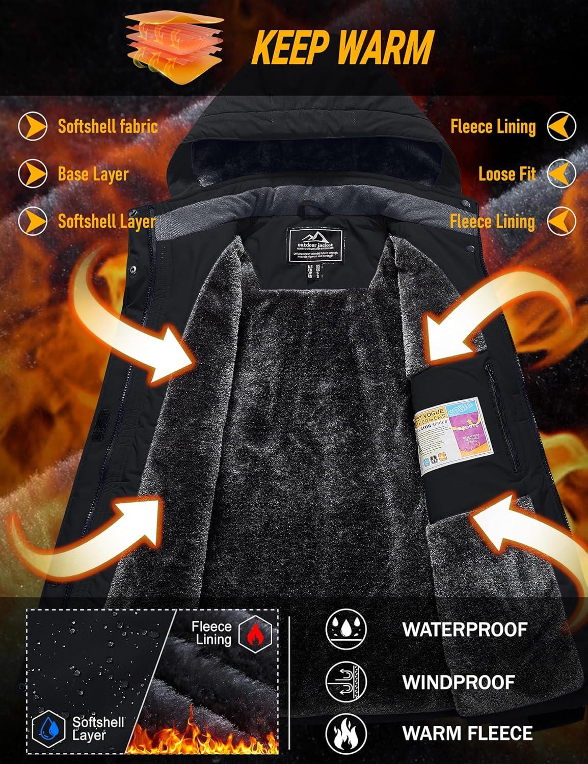 imageMAGCOMSEN Womens Ski Jacket Waterproof Insulated Snow Jacket Warm Windproof Winter Coats with Hood Fleece Lined JacketBlack