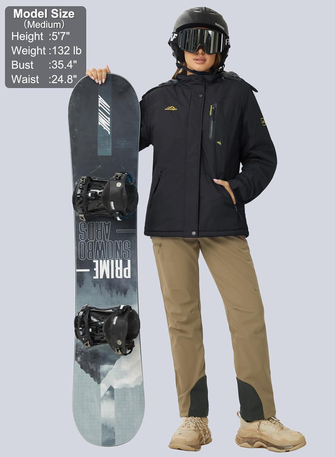 imageMAGCOMSEN Womens Ski Jacket Waterproof Insulated Snow Jacket Warm Windproof Winter Coats with Hood Fleece Lined JacketBlack