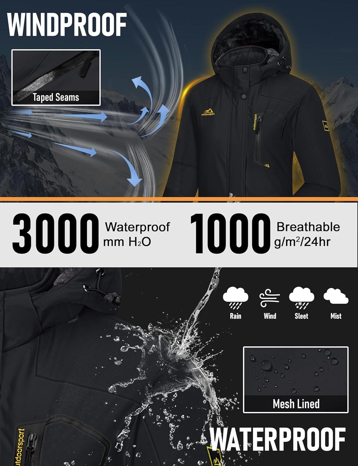 imageMAGCOMSEN Womens Ski Jacket Waterproof Insulated Snow Jacket Warm Windproof Winter Coats with Hood Fleece Lined JacketBlack