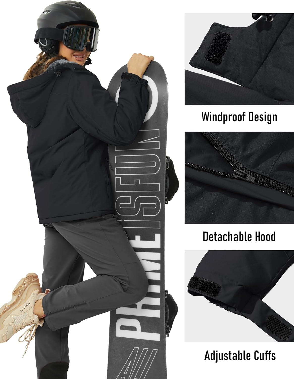 imageMAGCOMSEN Womens Ski Jacket Waterproof Insulated Snow Jacket Warm Windproof Winter Coats with Hood Fleece Lined JacketBlack