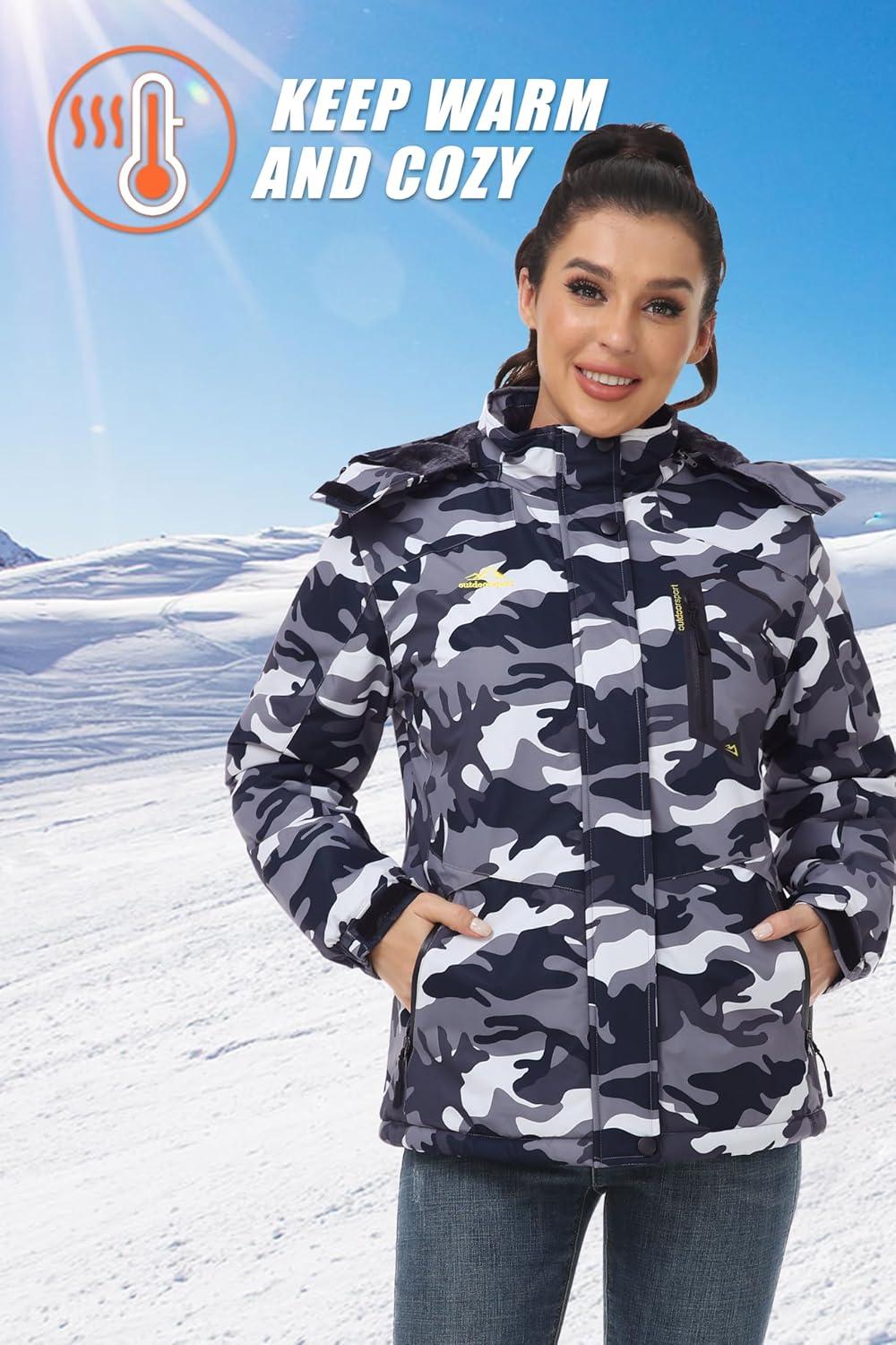 imageMAGCOMSEN Womens Ski Jacket Waterproof Insulated Snow Jacket Warm Windproof Winter Coats with Hood Fleece Lined JacketBlack Camo